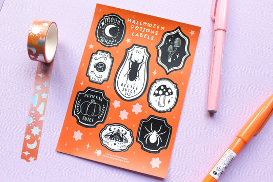 Mini Potion Labels Vinyl Sticker Sheet - Spooky season, pumpkins, ghosties, moth, witchy, autumnal