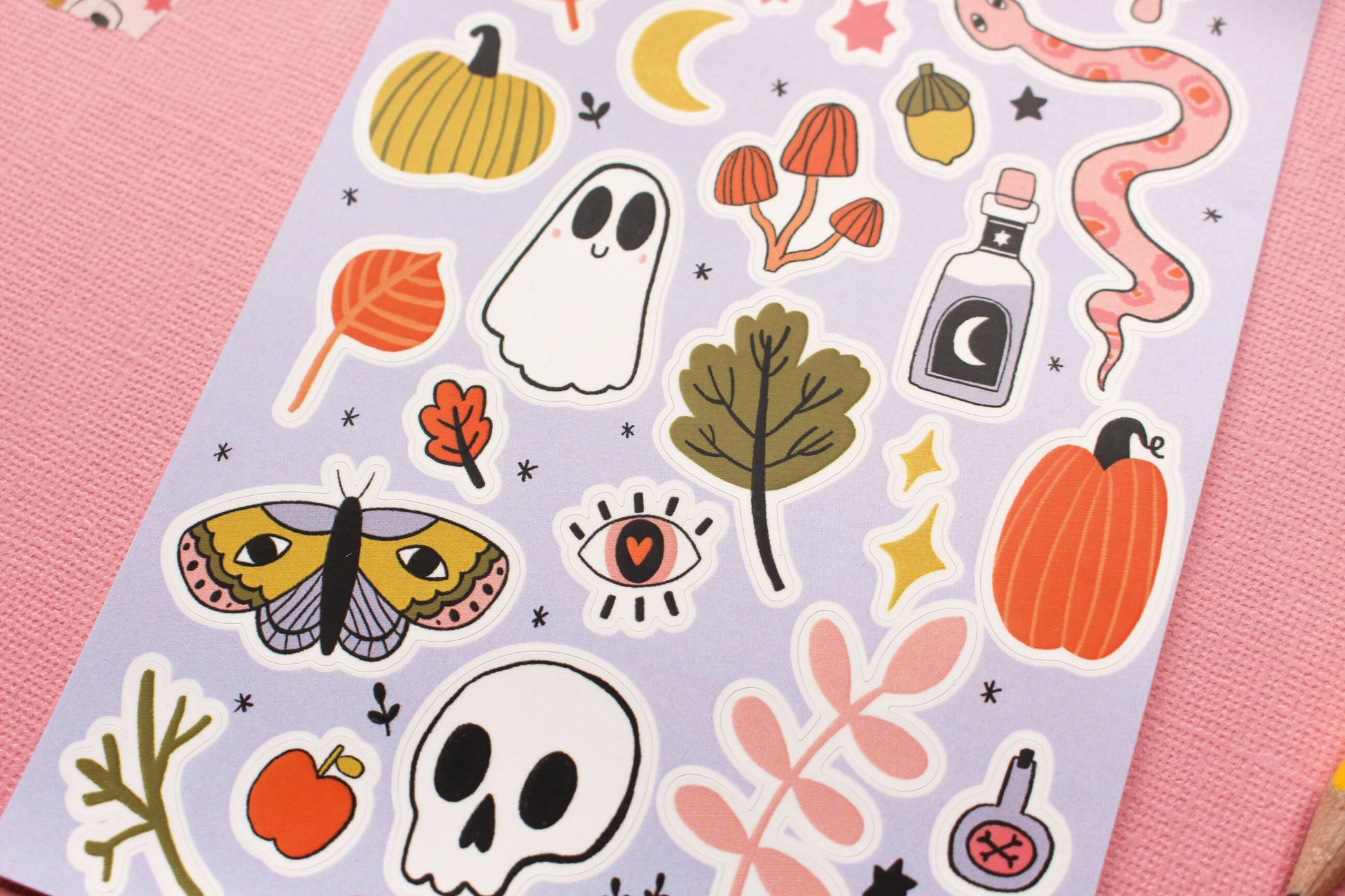 Halloween Vinyl Sticker Sheet - journal stickers, scrapbook stickers, planner, Spooky season, pumpkins, ghosties, moth, witchy, autumnal