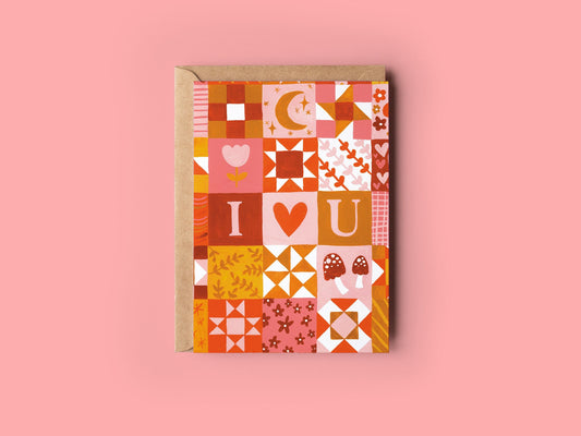 Patchwork 'I Love You' Greetings Card - Valentine's, Anniversaries, Birthday - Love, Quilt Star, Whimsical, Galentine's,