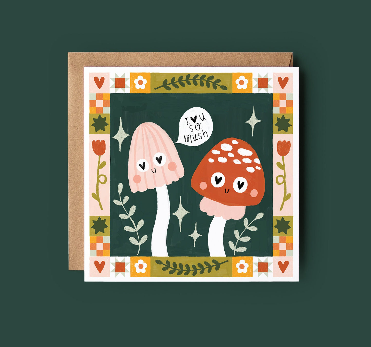 Mushroom 'I Love You So Mush!' Greetings Card - Birthday, Anniversary, Valentine's Day, - Cottagecore, Botanical, Toadstool