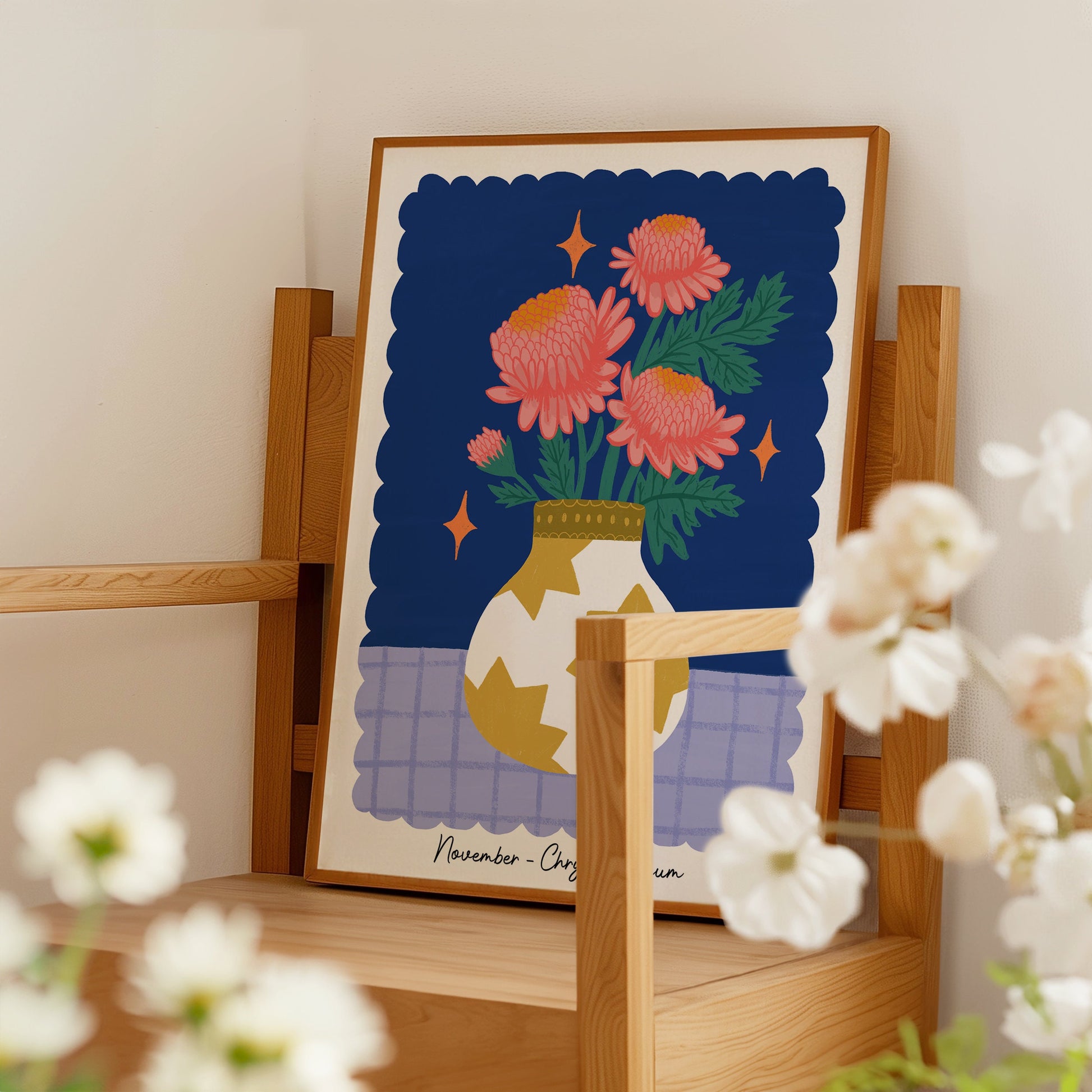 Birth Flower Print - November, Chrysanthemum - Floral Wall Art - Flower Gift, Flower Vase Illustration