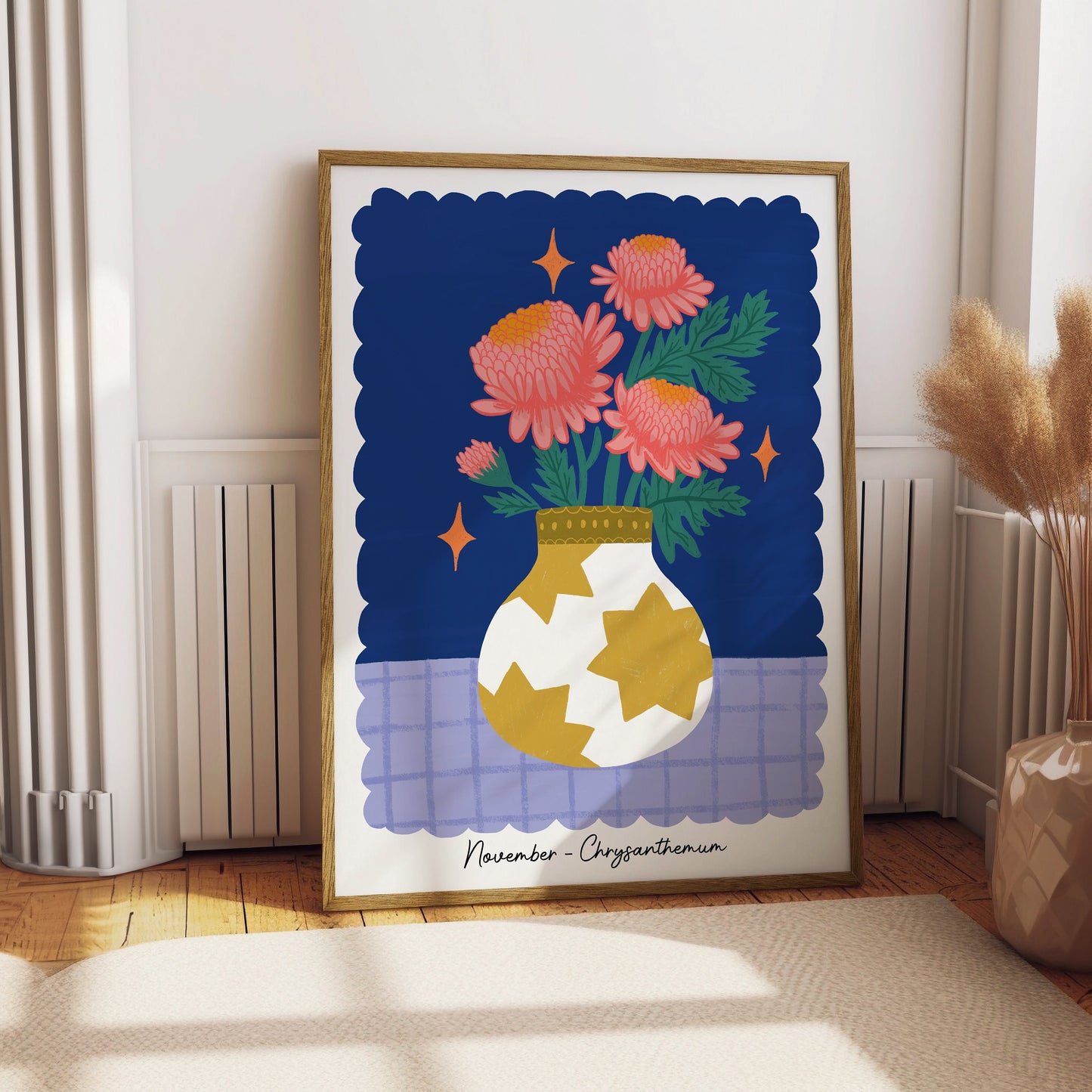 Birth Flower Print - November, Chrysanthemum - Floral Wall Art - Flower Gift, Flower Vase Illustration