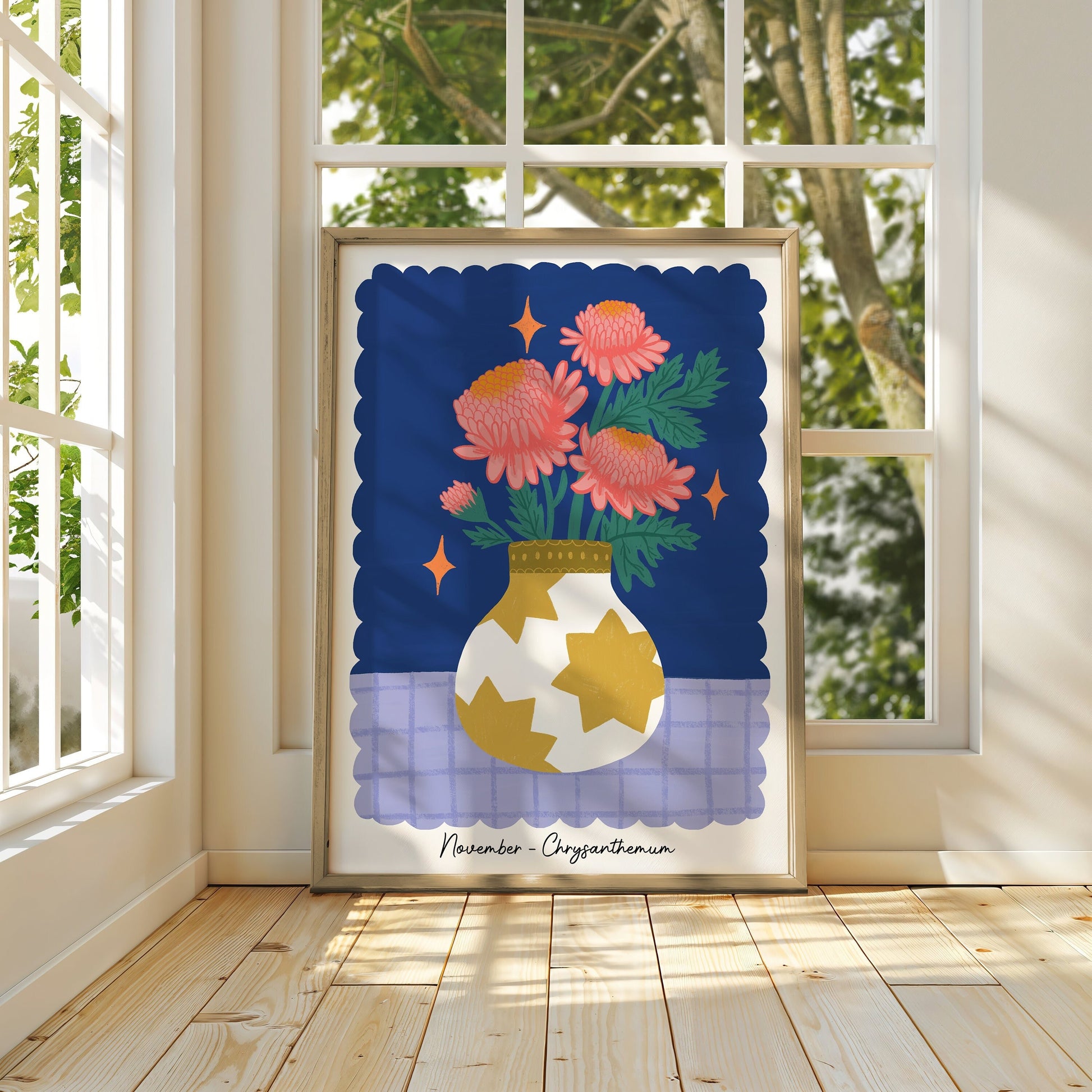 Birth Flower Print - November, Chrysanthemum - Floral Wall Art - Flower Gift, Flower Vase Illustration