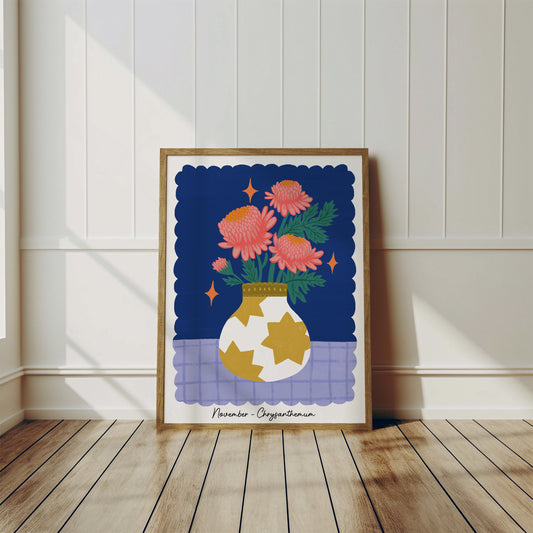 Birth Flower Print - November, Chrysanthemum - Floral Wall Art - Flower Gift, Flower Vase Illustration
