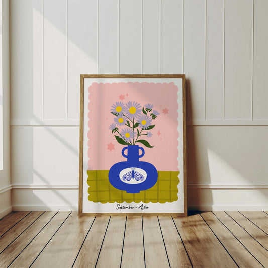 Aster September Birth Flower Wall Art Print | Birthday Month Present | Cottagecore Botanical Decor | Colourful Floral Art