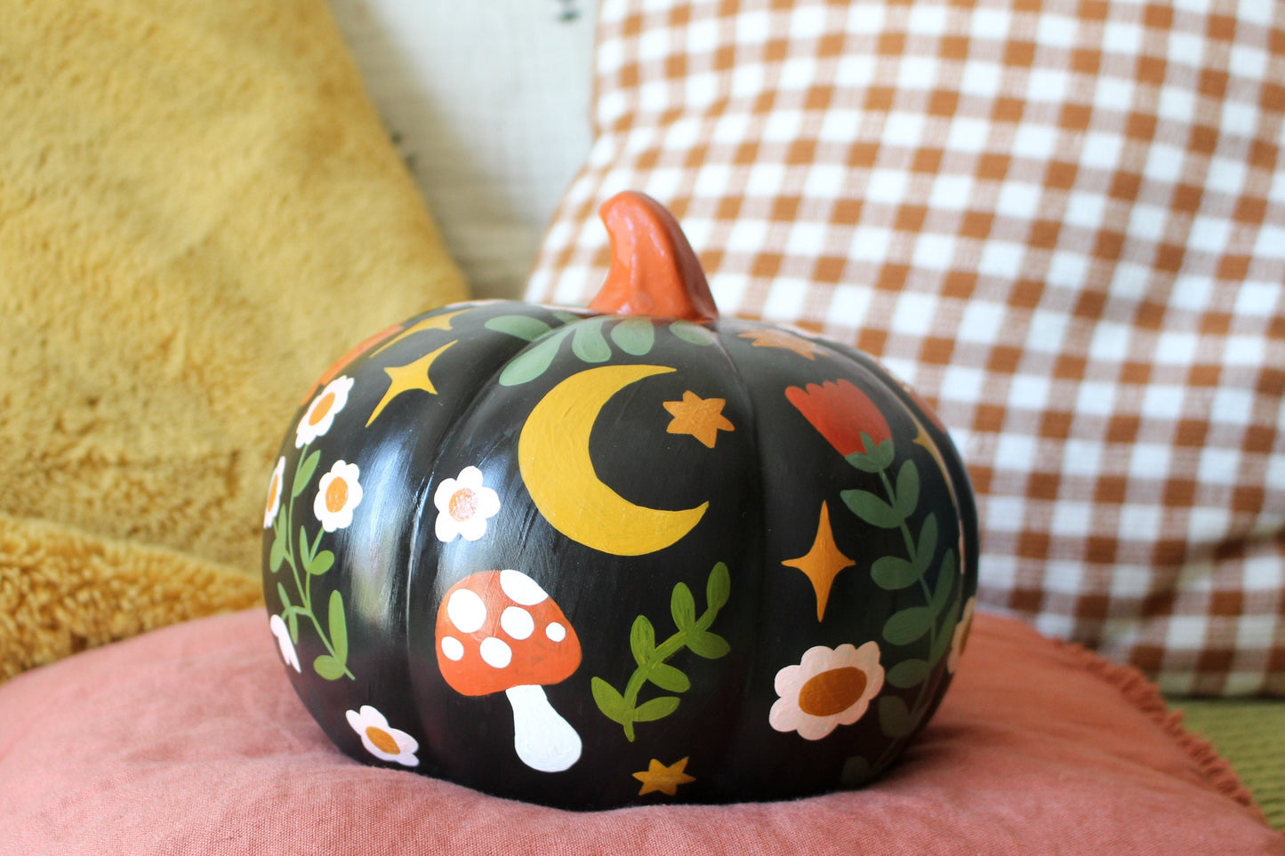 Hand Painted Ceramic Pumpkin – Floral Mushroom Folk Art Decor