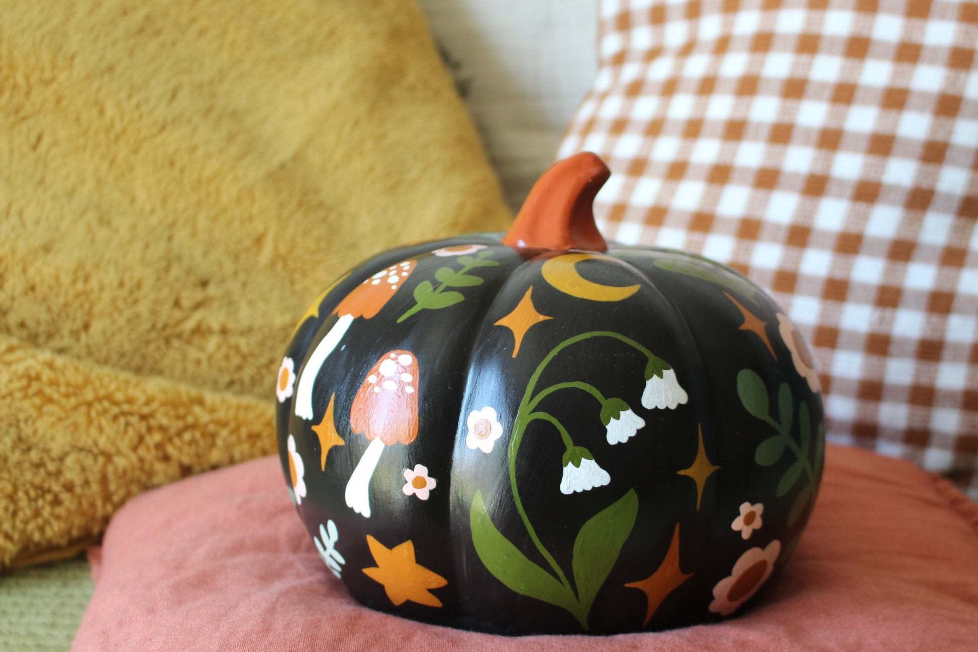 Hand Painted Ceramic Pumpkin – Floral Mushroom Folk Art Decor