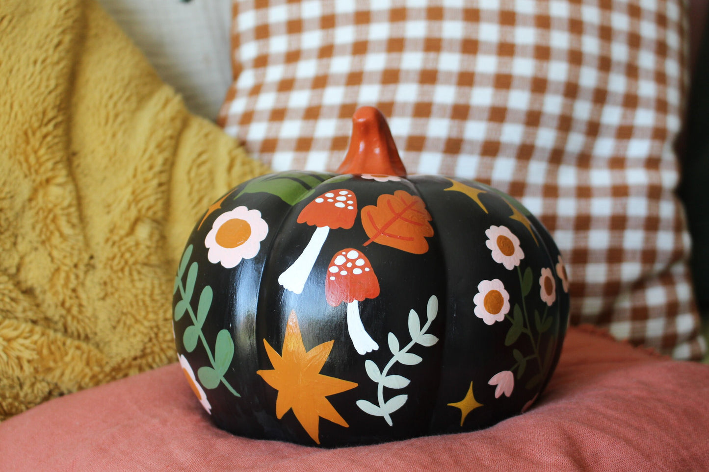 Hand Painted Ceramic Pumpkin – Floral Mushroom Folk Art Decor