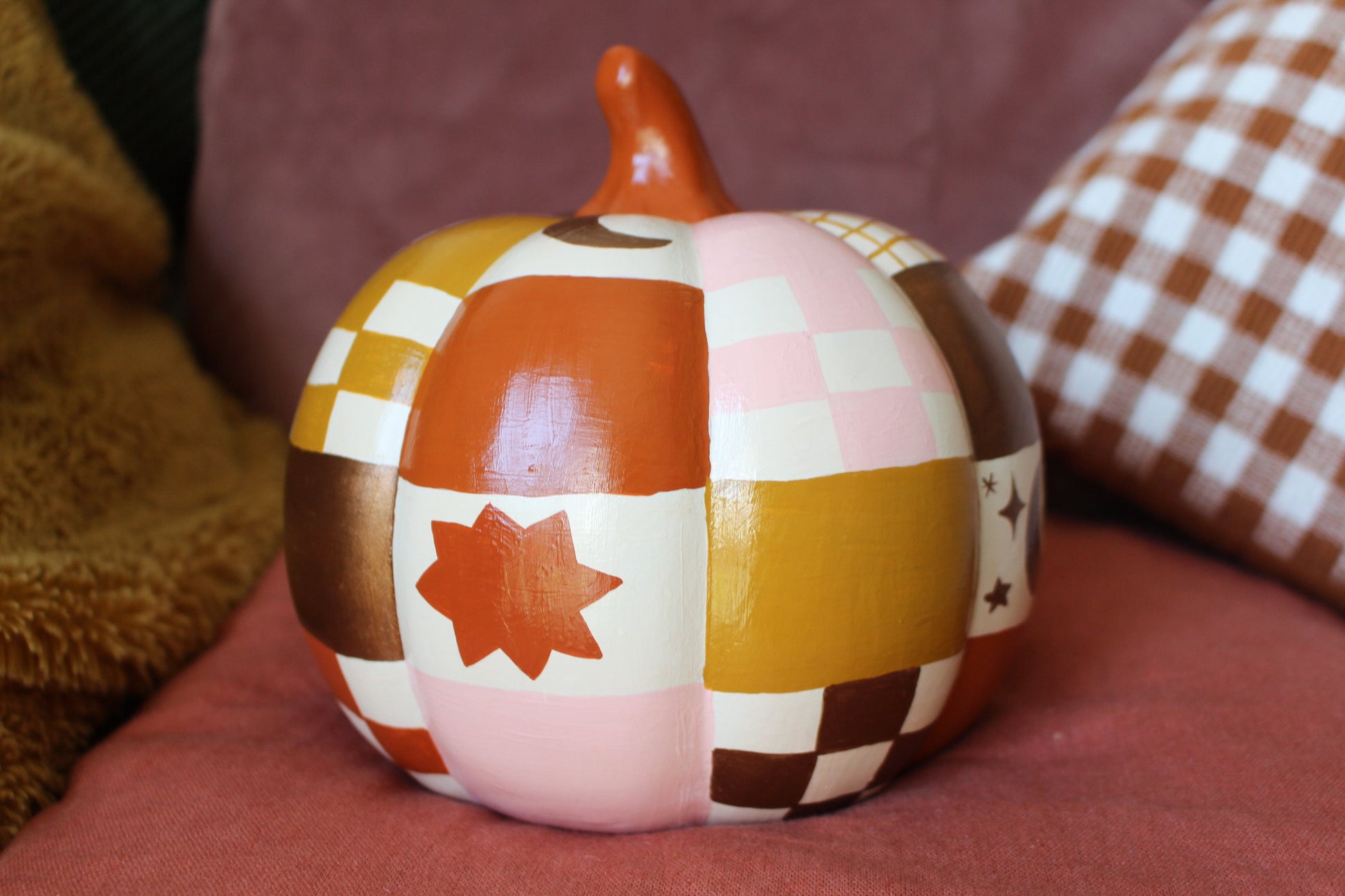 Hand-Painted Ceramic Patchwork Pumpkin – Celestial Autumn Decor