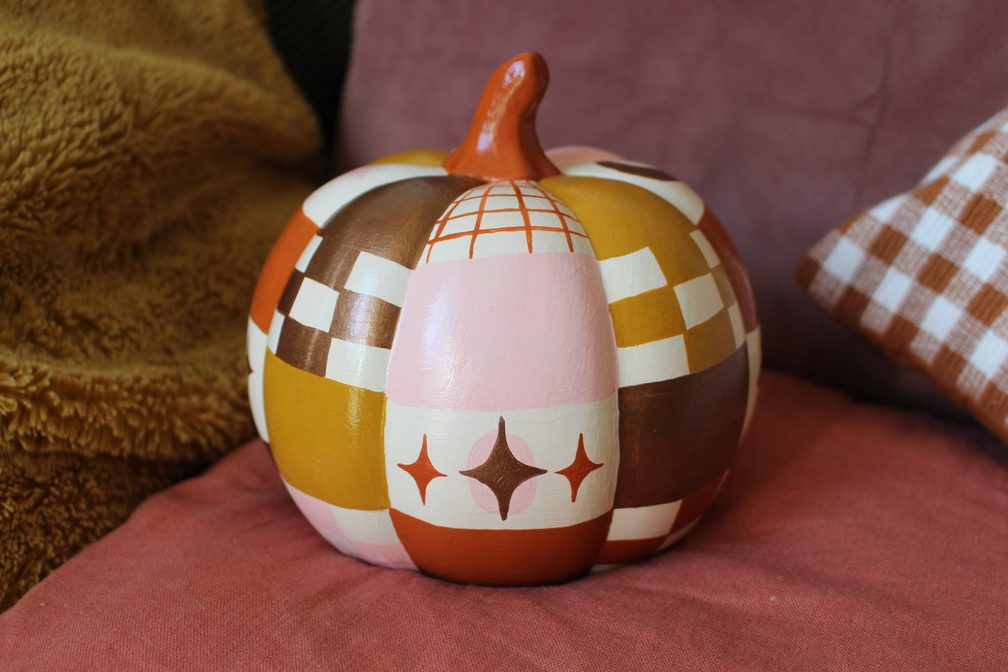 Hand-Painted Ceramic Patchwork Pumpkin – Celestial Autumn Decor