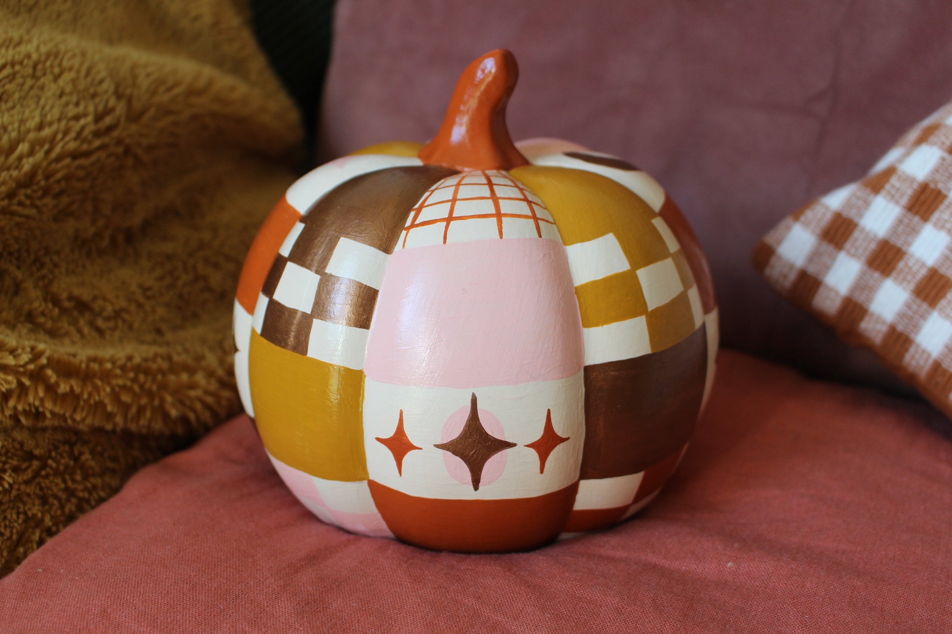 Hand-Painted Ceramic Patchwork Pumpkin – Celestial Autumn Decor