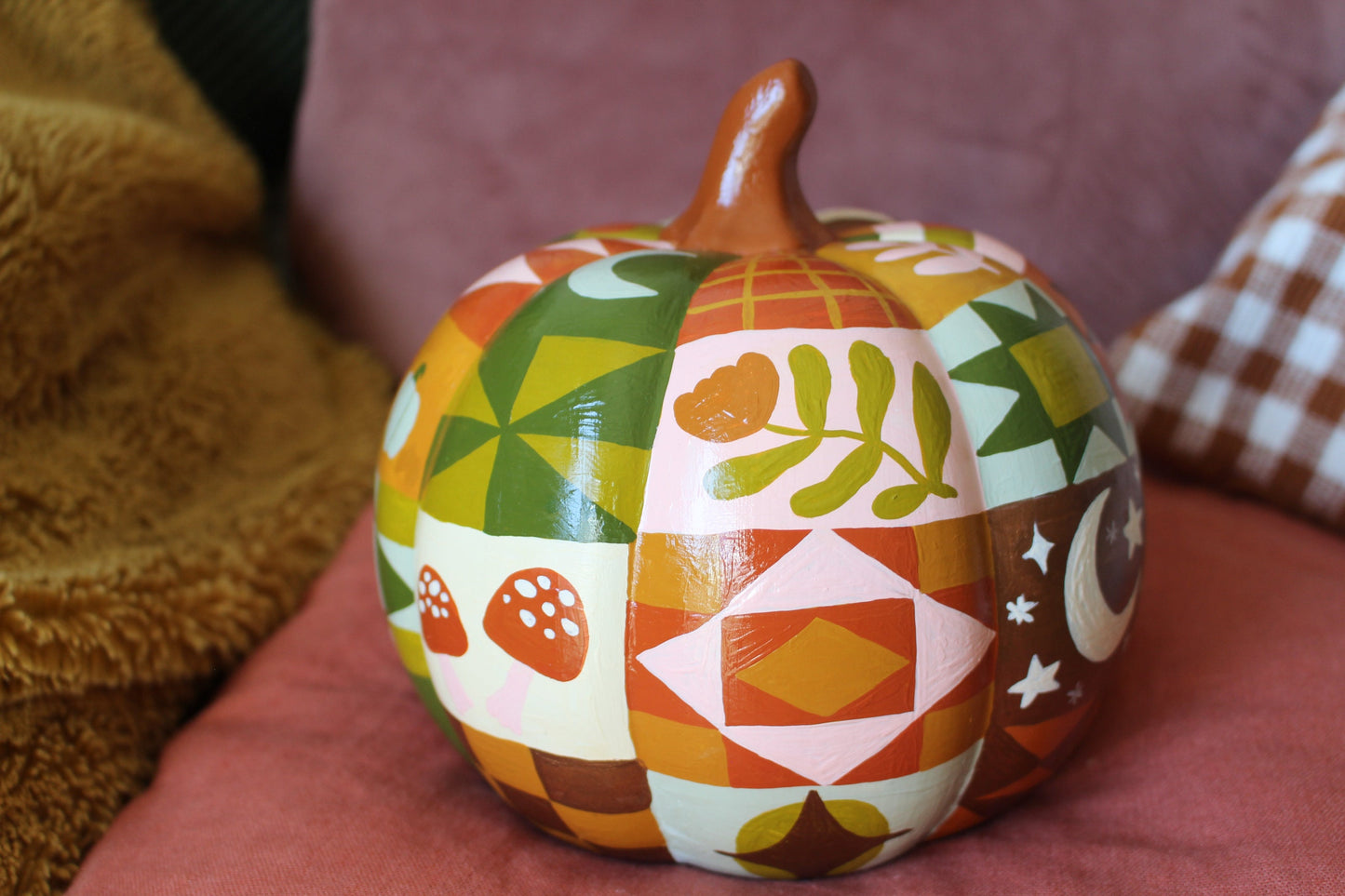 Hand Painted Ceramic Pathwork Pumpkin - Autumnal, Witchy, Folk, Cottagecore, Autumn Decor, Moon, Stars, Woodland