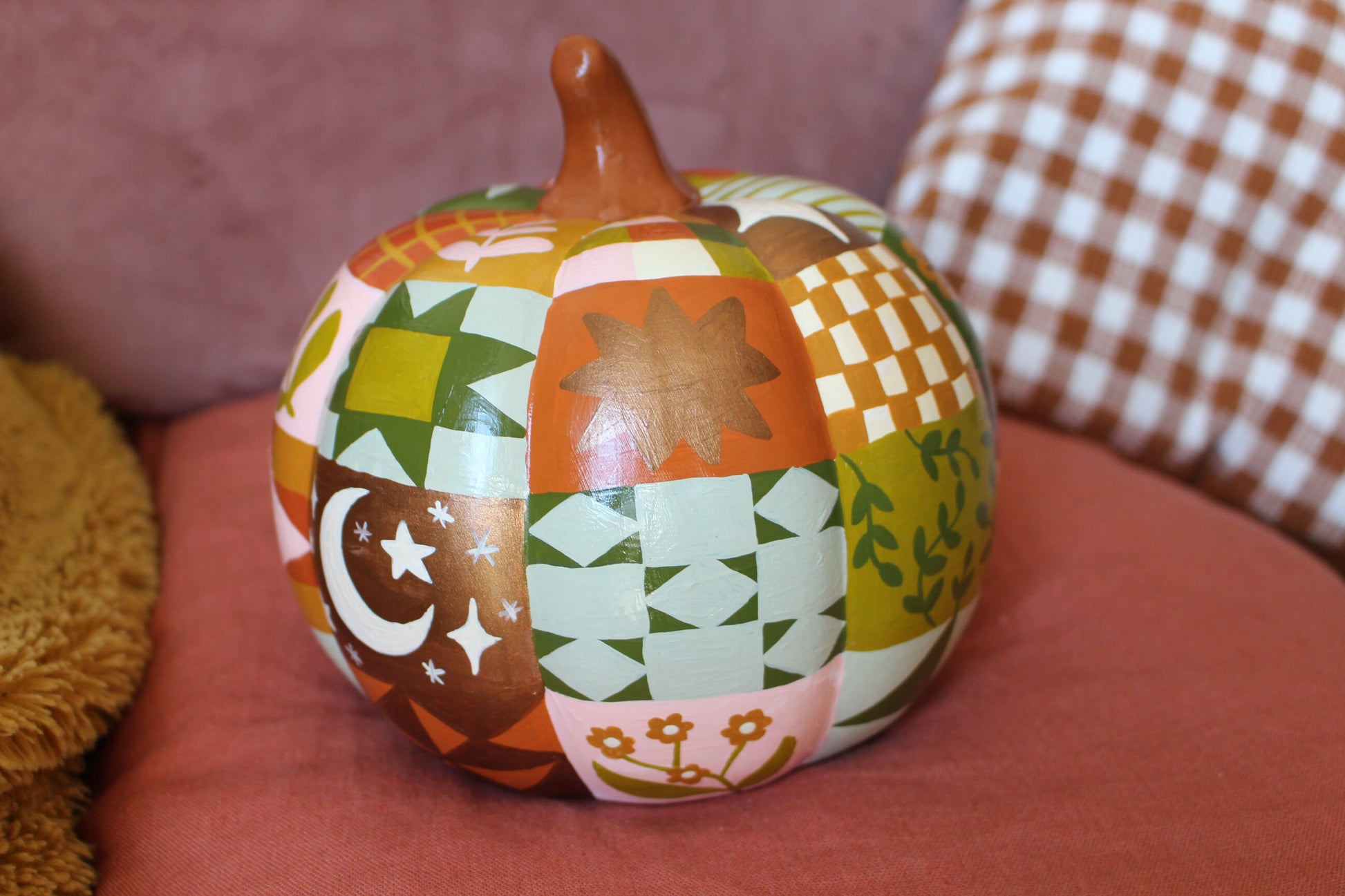 Hand Painted Ceramic Pathwork Pumpkin - Autumnal, Witchy, Folk, Cottagecore, Autumn Decor, Moon, Stars, Woodland