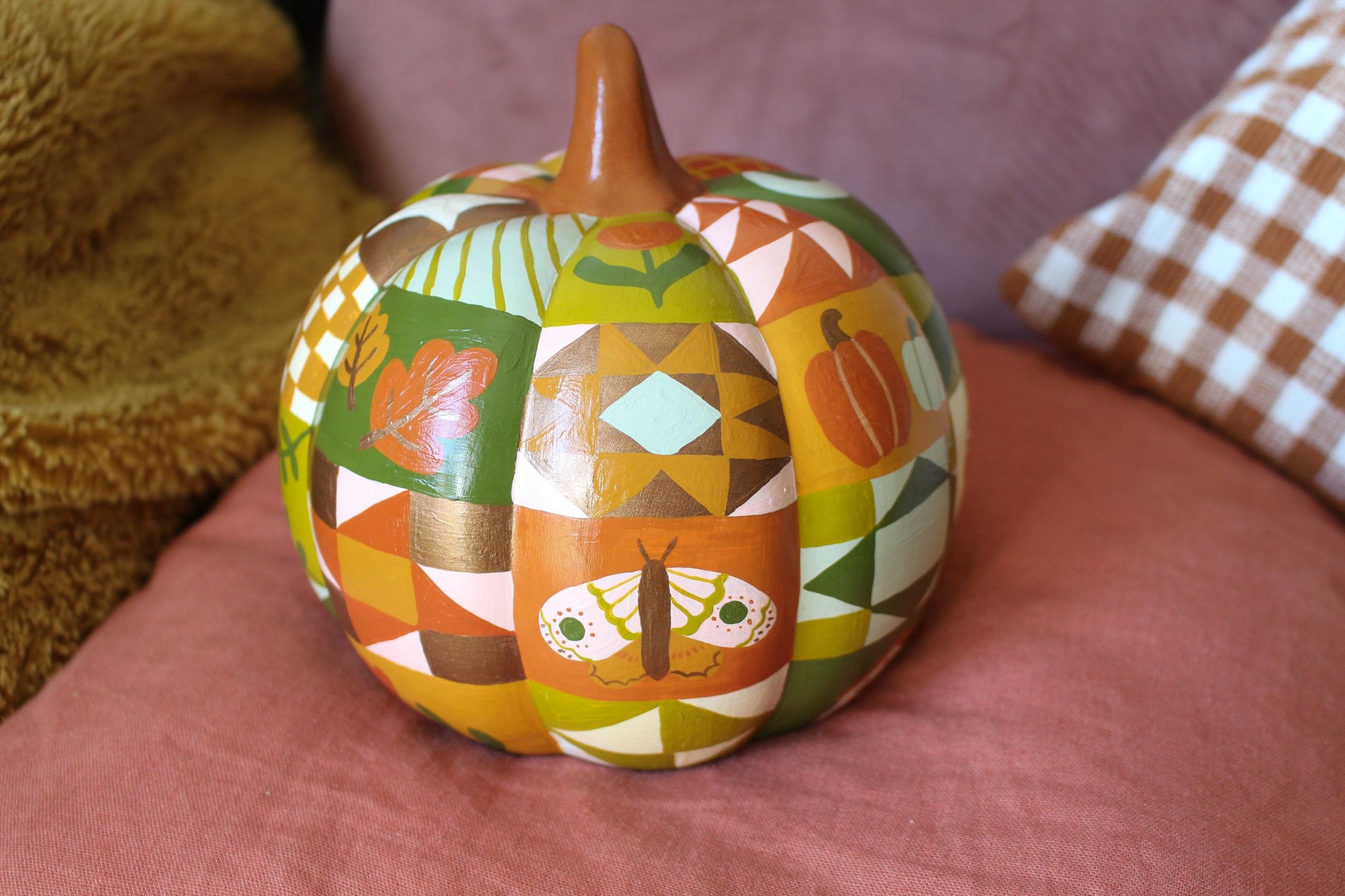 Hand Painted Ceramic Pathwork Pumpkin - Autumnal, Witchy, Folk, Cottagecore, Autumn Decor, Moon, Stars, Woodland