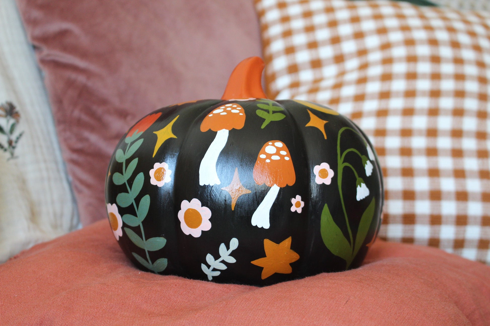 Hand Painted Ceramic Pumpkin – Floral Mushroom Folk Art Decor