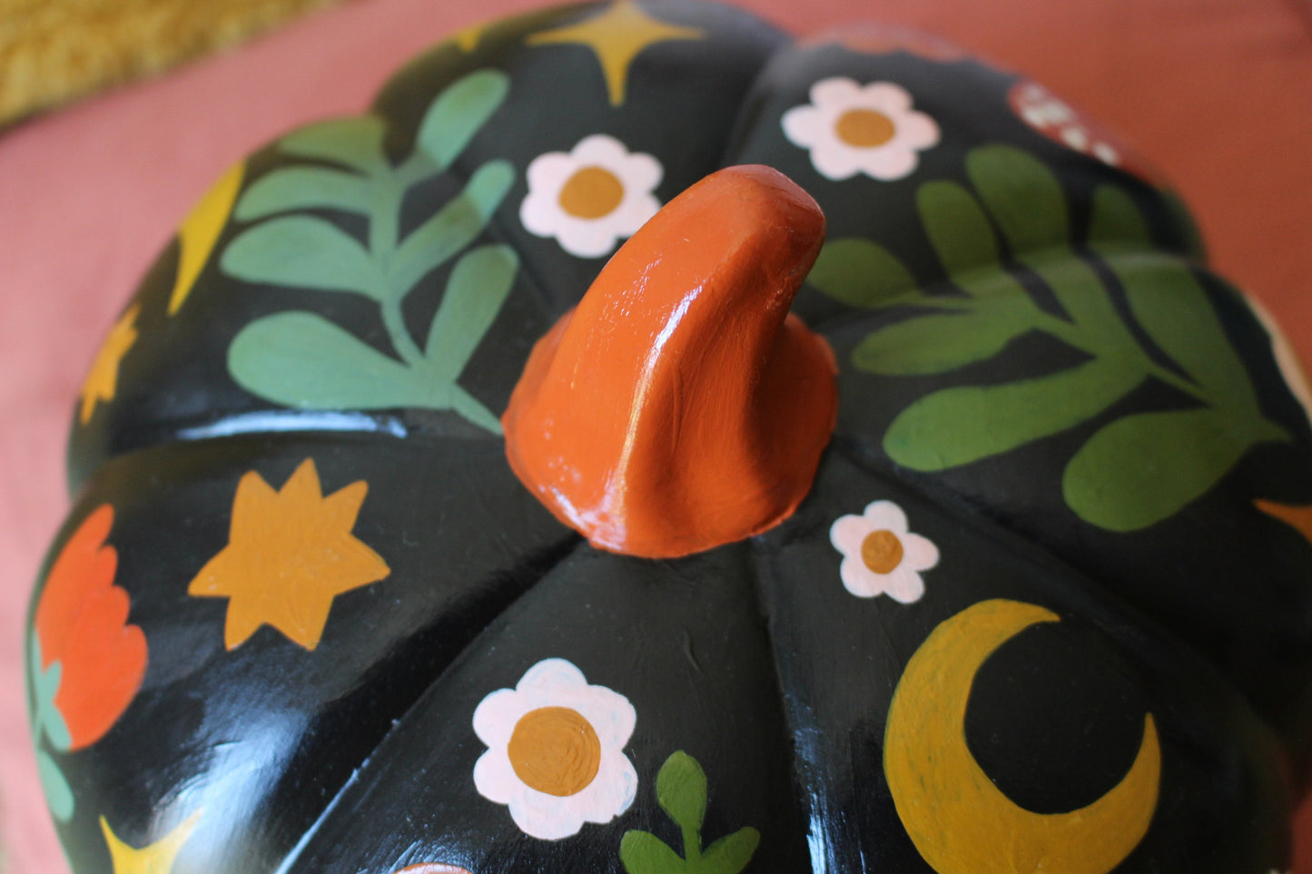 Hand Painted Ceramic Pumpkin – Floral Mushroom Folk Art Decor