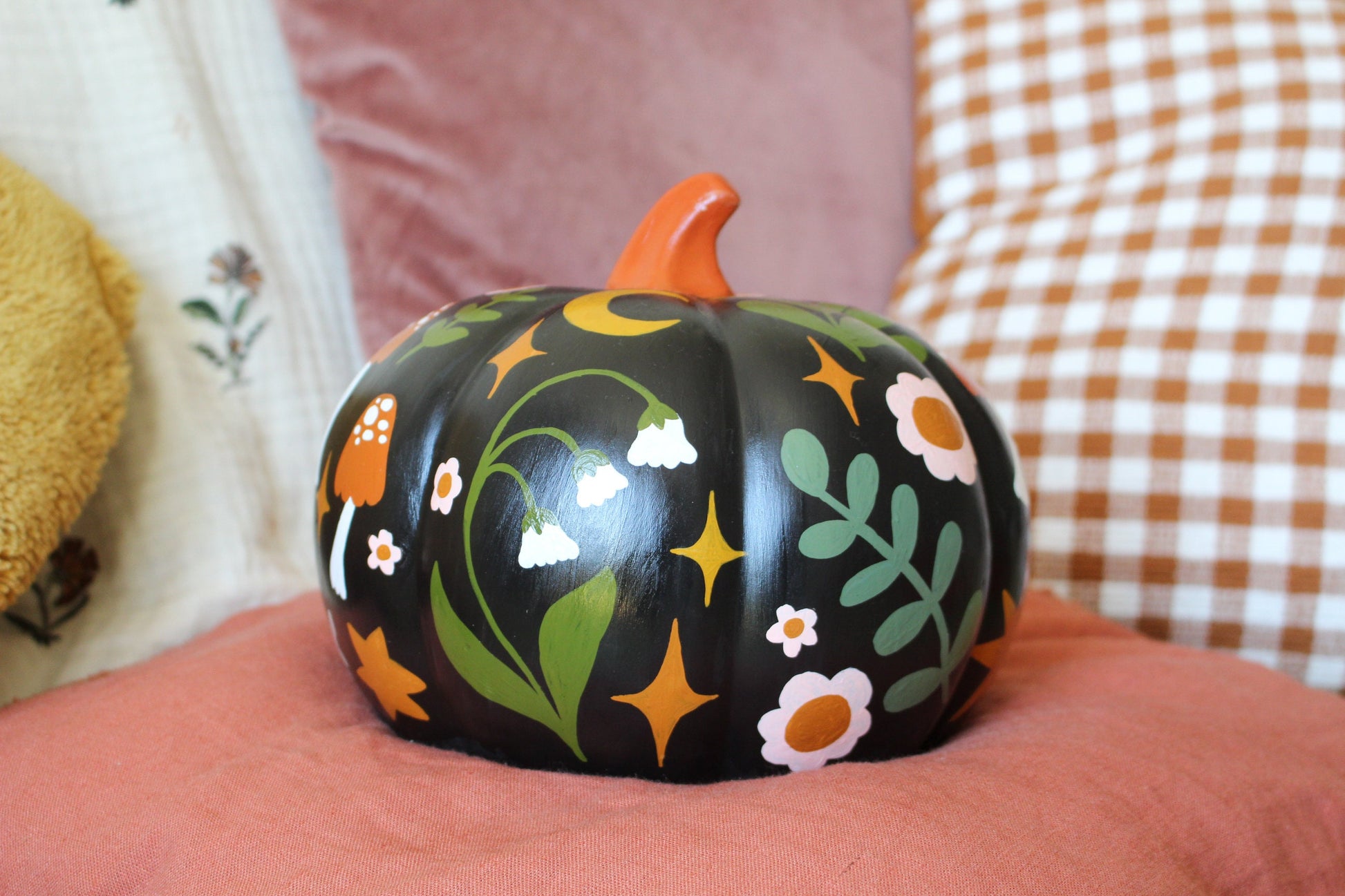 Hand Painted Ceramic Pumpkin – Floral Mushroom Folk Art Decor