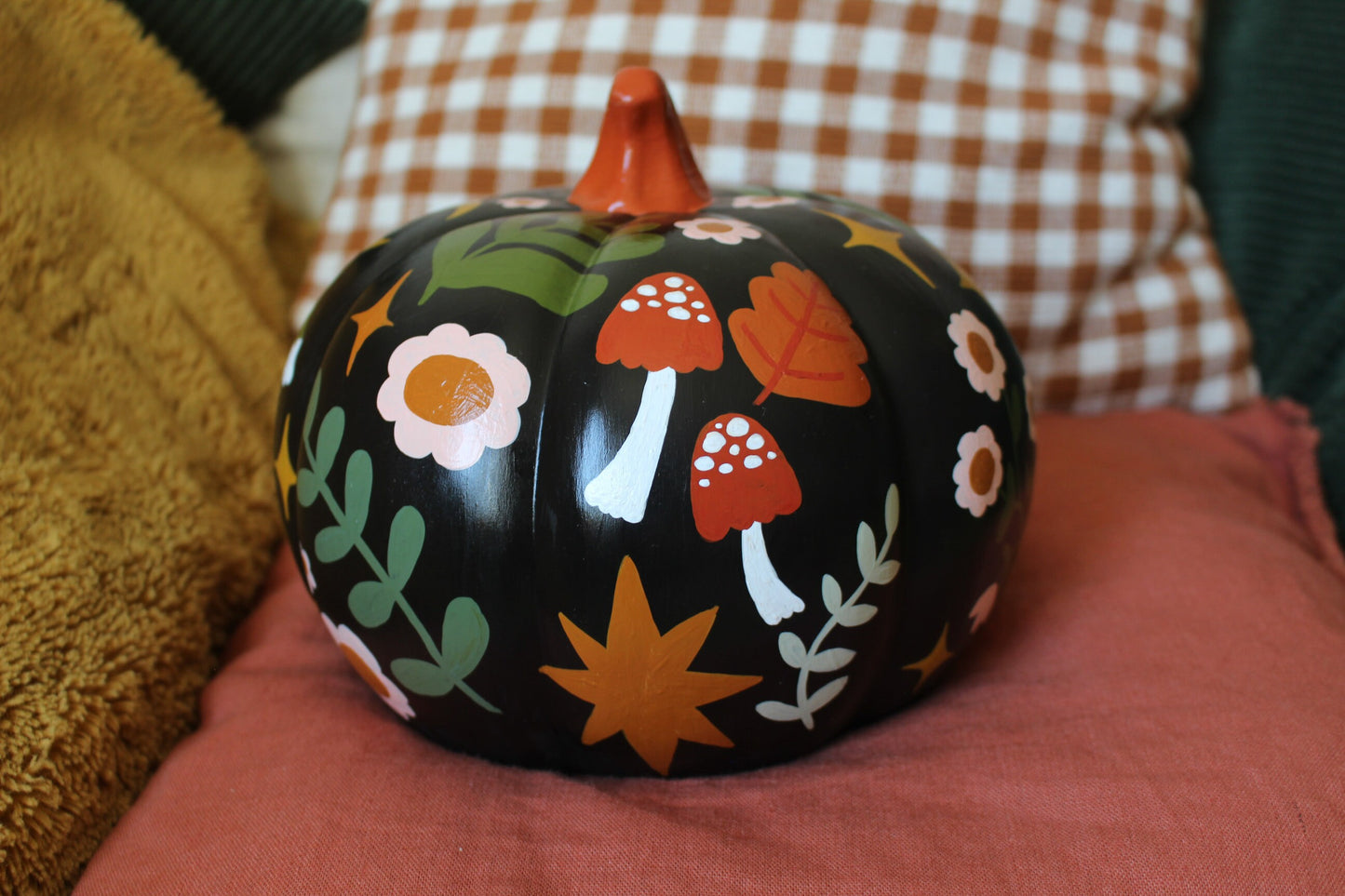 Hand Painted Ceramic Pumpkin – Floral Mushroom Folk Art Decor