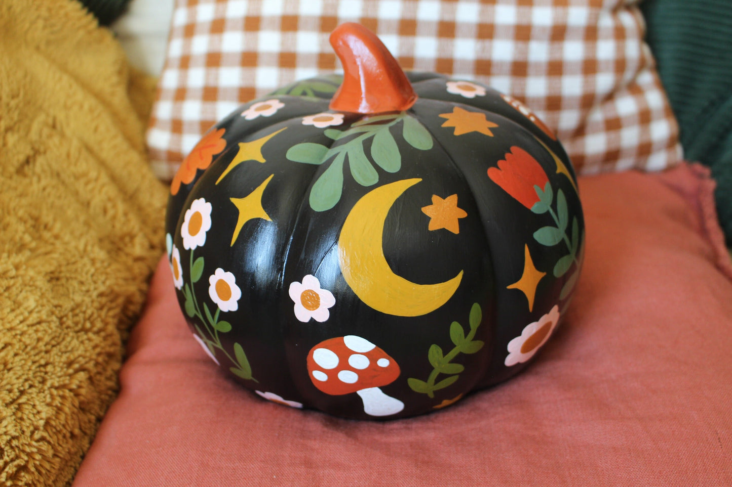 Hand Painted Ceramic Pumpkin – Floral Mushroom Folk Art Decor