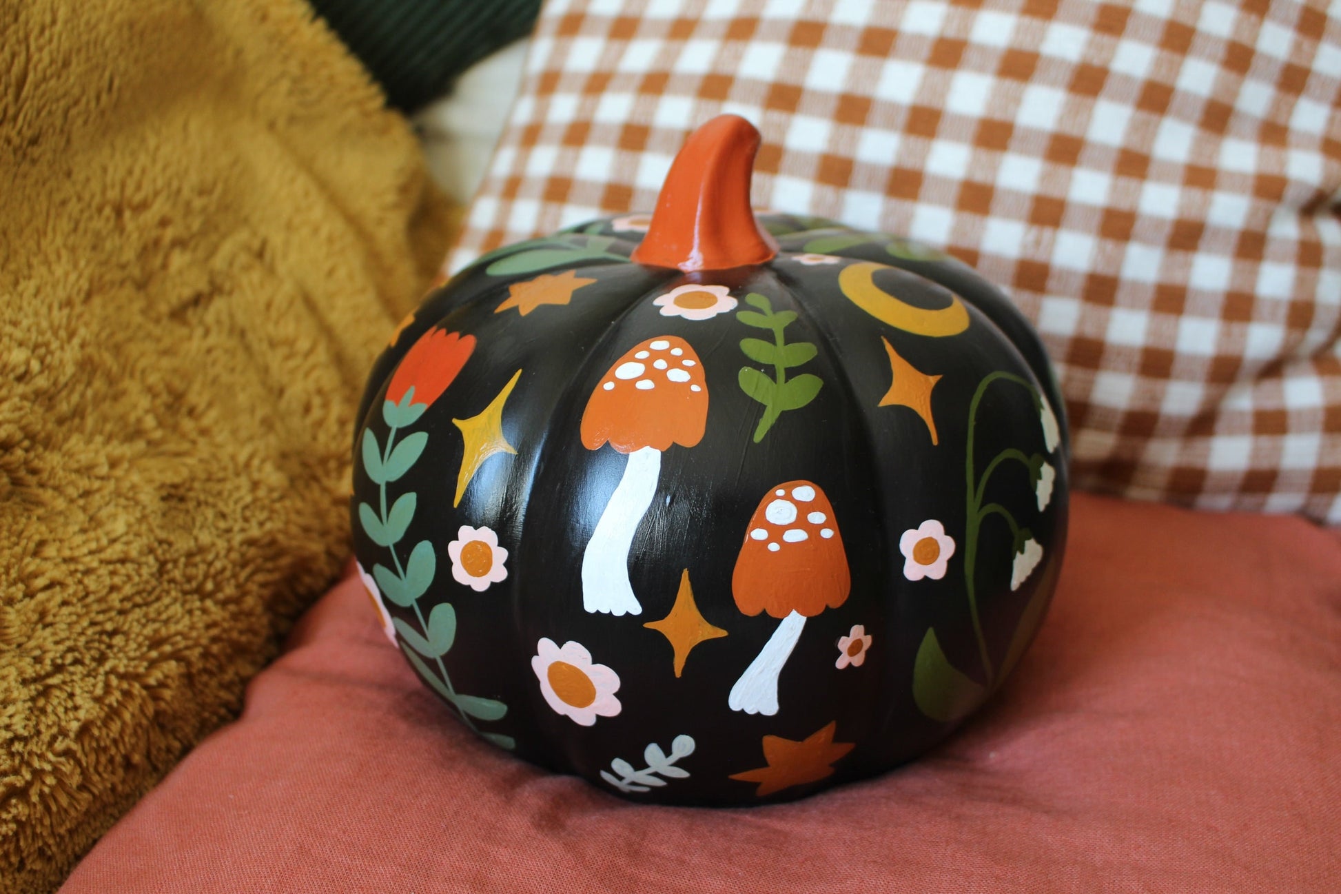 Hand Painted Ceramic Pumpkin – Floral Mushroom Folk Art Decor
