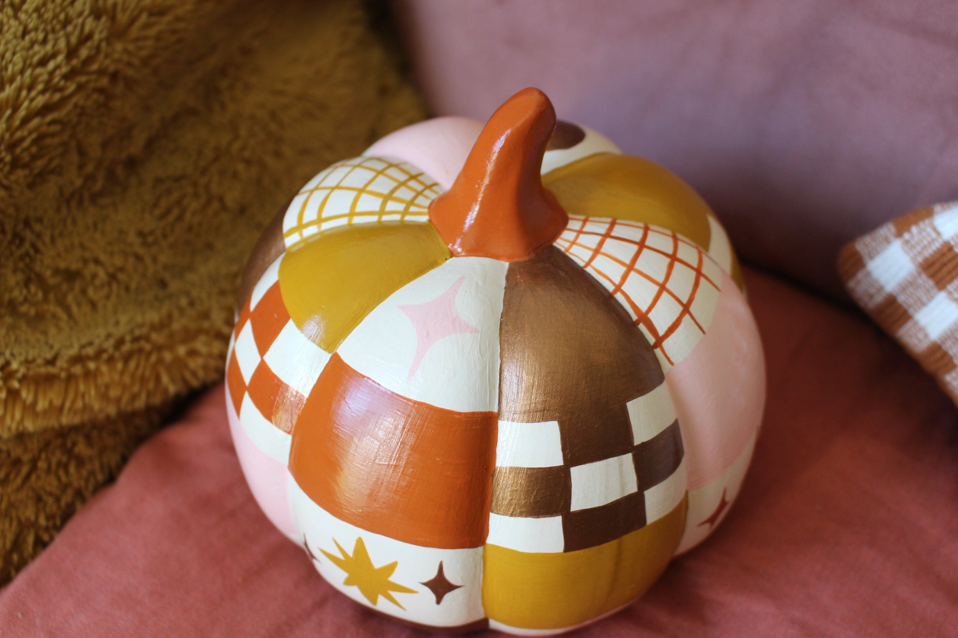 Hand-Painted Ceramic Patchwork Pumpkin – Celestial Autumn Decor