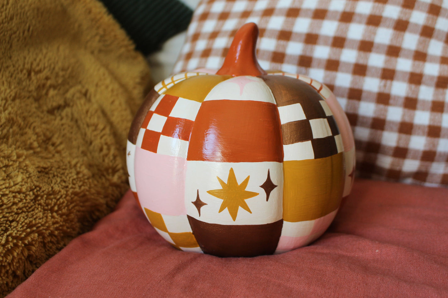 Hand-Painted Ceramic Patchwork Pumpkin – Celestial Autumn Decor