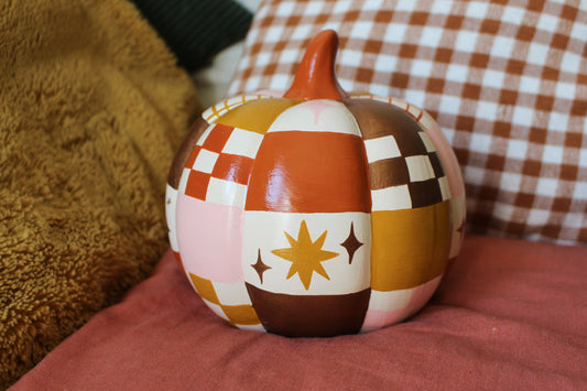 Hand-Painted Ceramic Patchwork Pumpkin – Celestial Autumn Decor