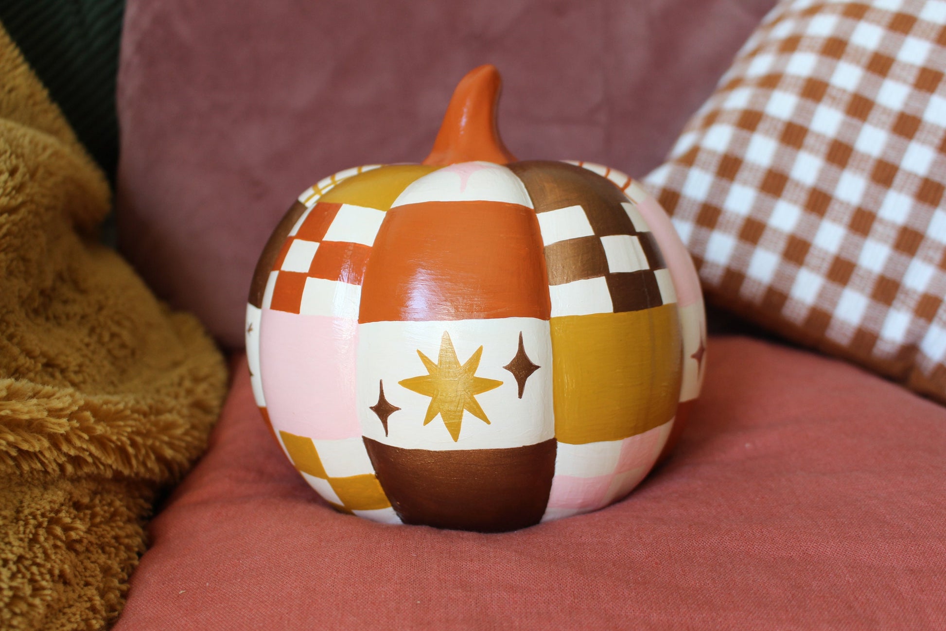 Hand-Painted Ceramic Patchwork Pumpkin – Celestial Autumn Decor