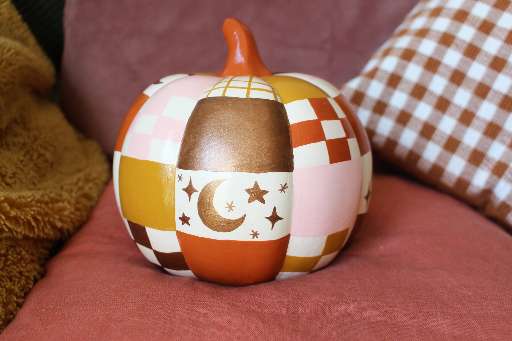 Hand-Painted Ceramic Patchwork Pumpkin – Celestial Autumn Decor