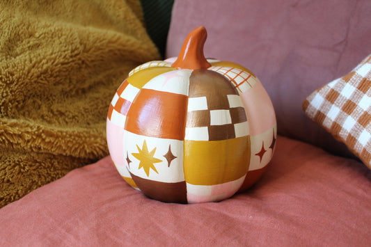 Hand-Painted Ceramic Patchwork Pumpkin – Celestial Autumn Decor