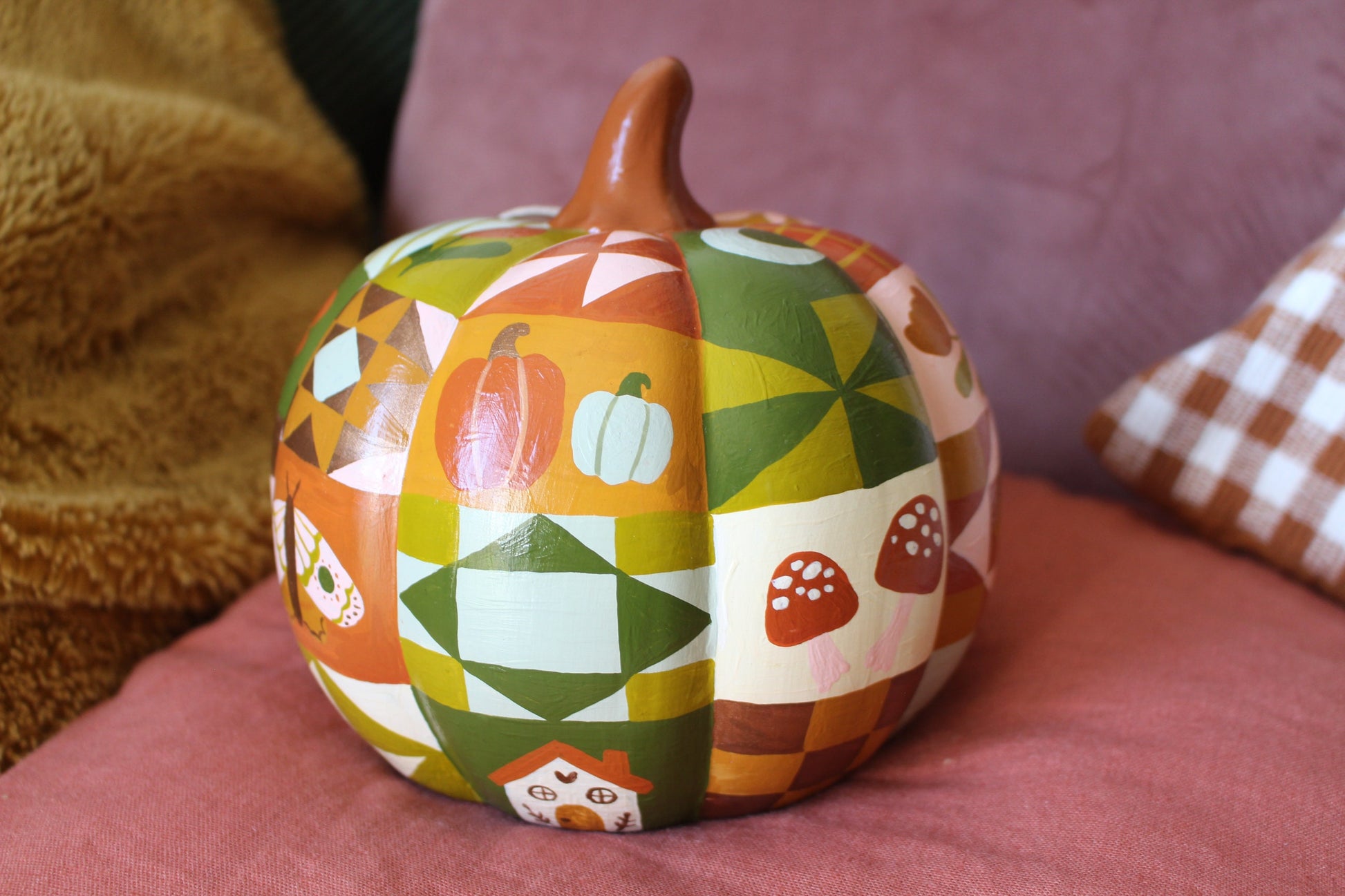 Hand Painted Ceramic Pathwork Pumpkin - Autumnal, Witchy, Folk, Cottagecore, Autumn Decor, Moon, Stars, Woodland
