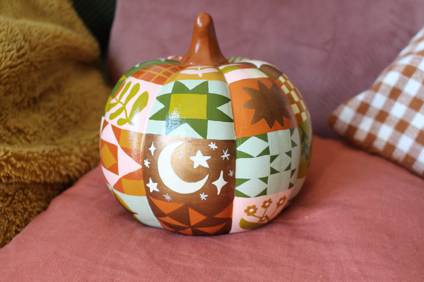 Hand Painted Ceramic Pathwork Pumpkin - Autumnal, Witchy, Folk, Cottagecore, Autumn Decor, Moon, Stars, Woodland