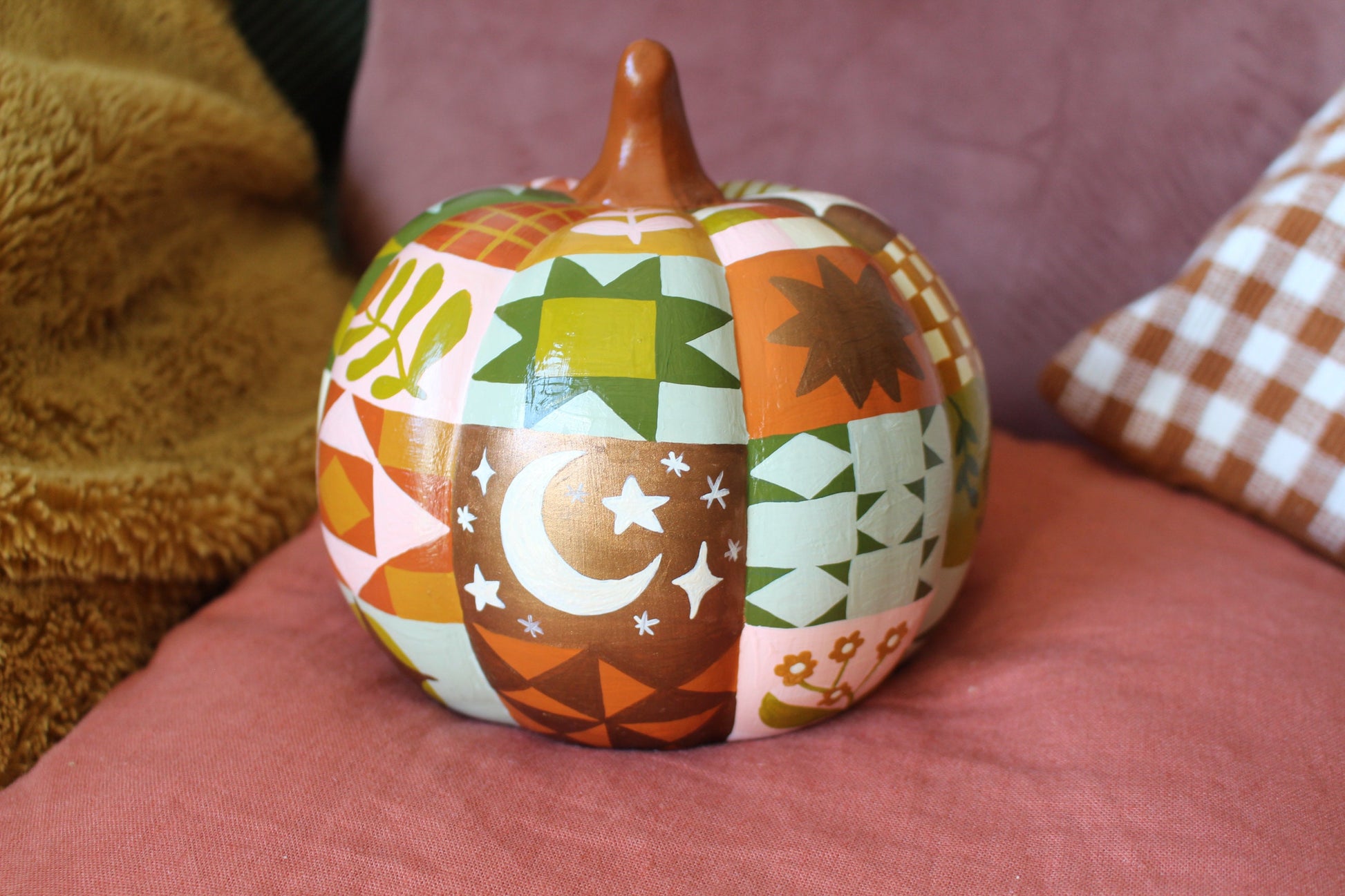 Hand Painted Ceramic Pathwork Pumpkin - Autumnal, Witchy, Folk, Cottagecore, Autumn Decor, Moon, Stars, Woodland