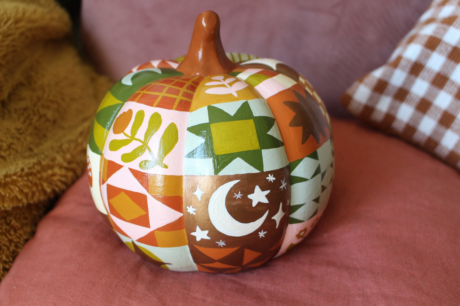 Hand Painted Ceramic Pathwork Pumpkin - Autumnal, Witchy, Folk, Cottagecore, Autumn Decor, Moon, Stars, Woodland