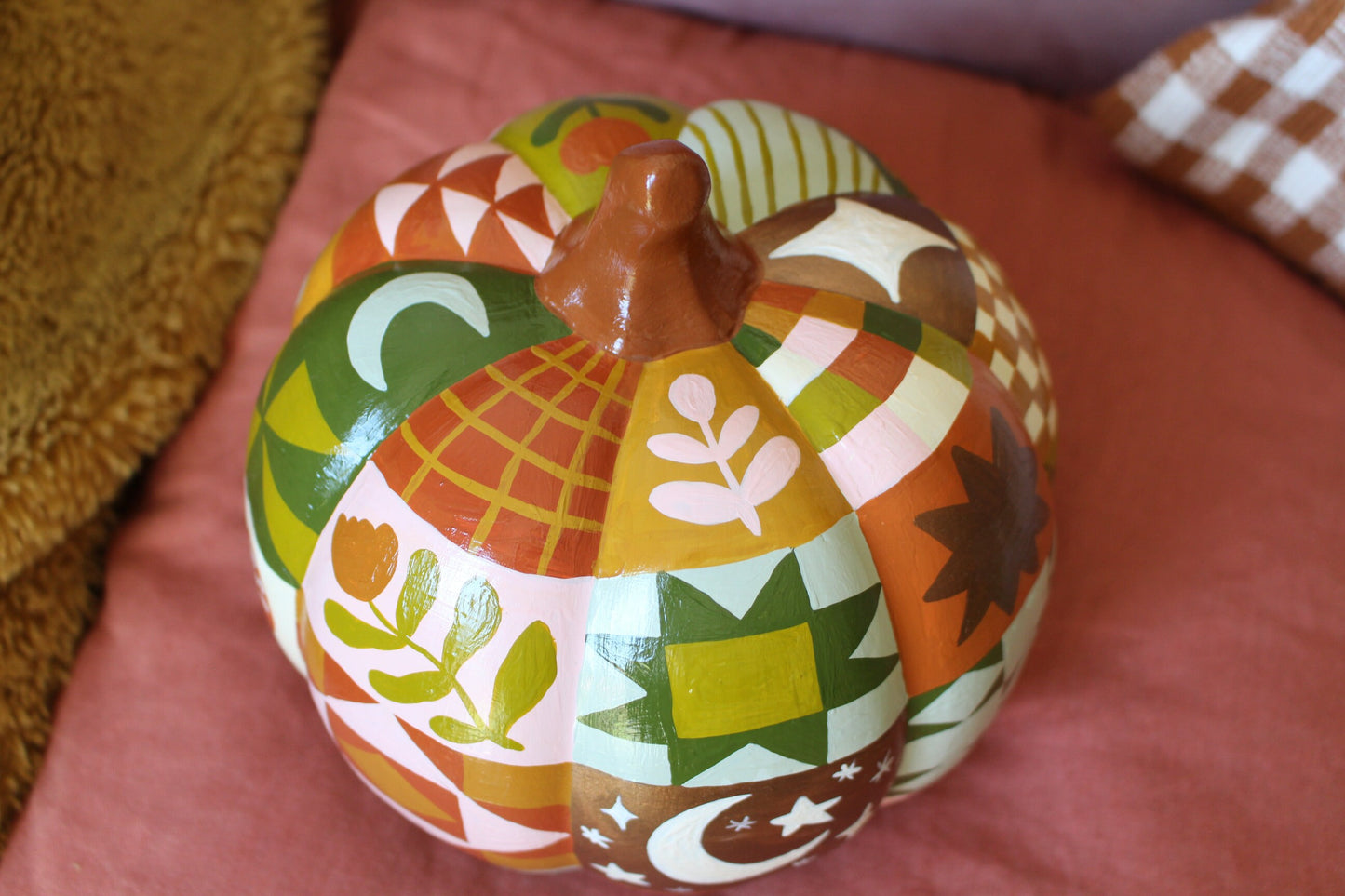 Hand Painted Ceramic Pathwork Pumpkin - Autumnal, Witchy, Folk, Cottagecore, Autumn Decor, Moon, Stars, Woodland