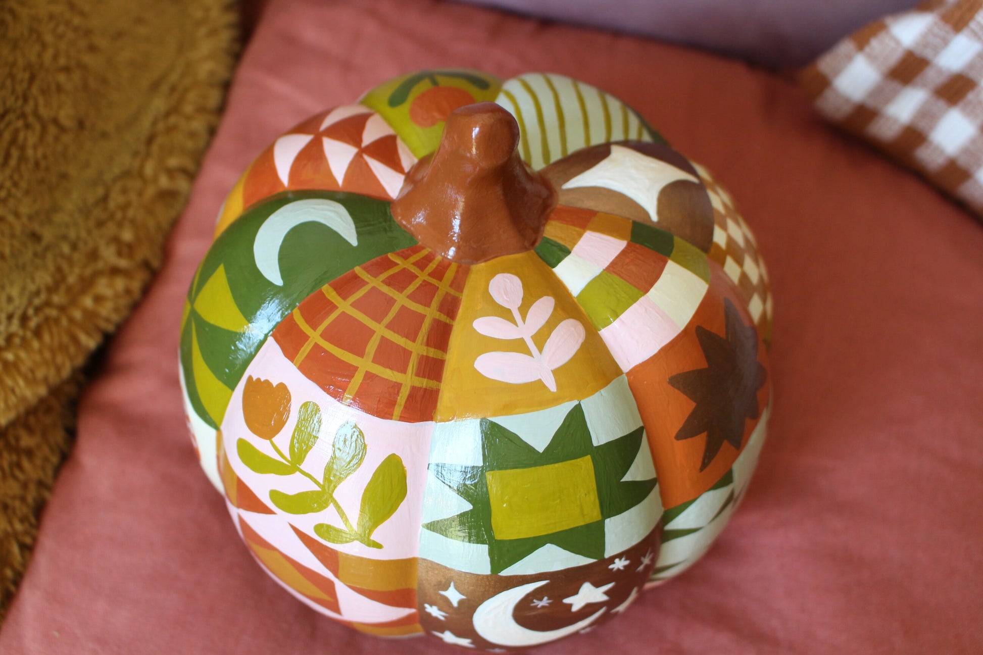 Hand Painted Ceramic Pathwork Pumpkin - Autumnal, Witchy, Folk, Cottagecore, Autumn Decor, Moon, Stars, Woodland