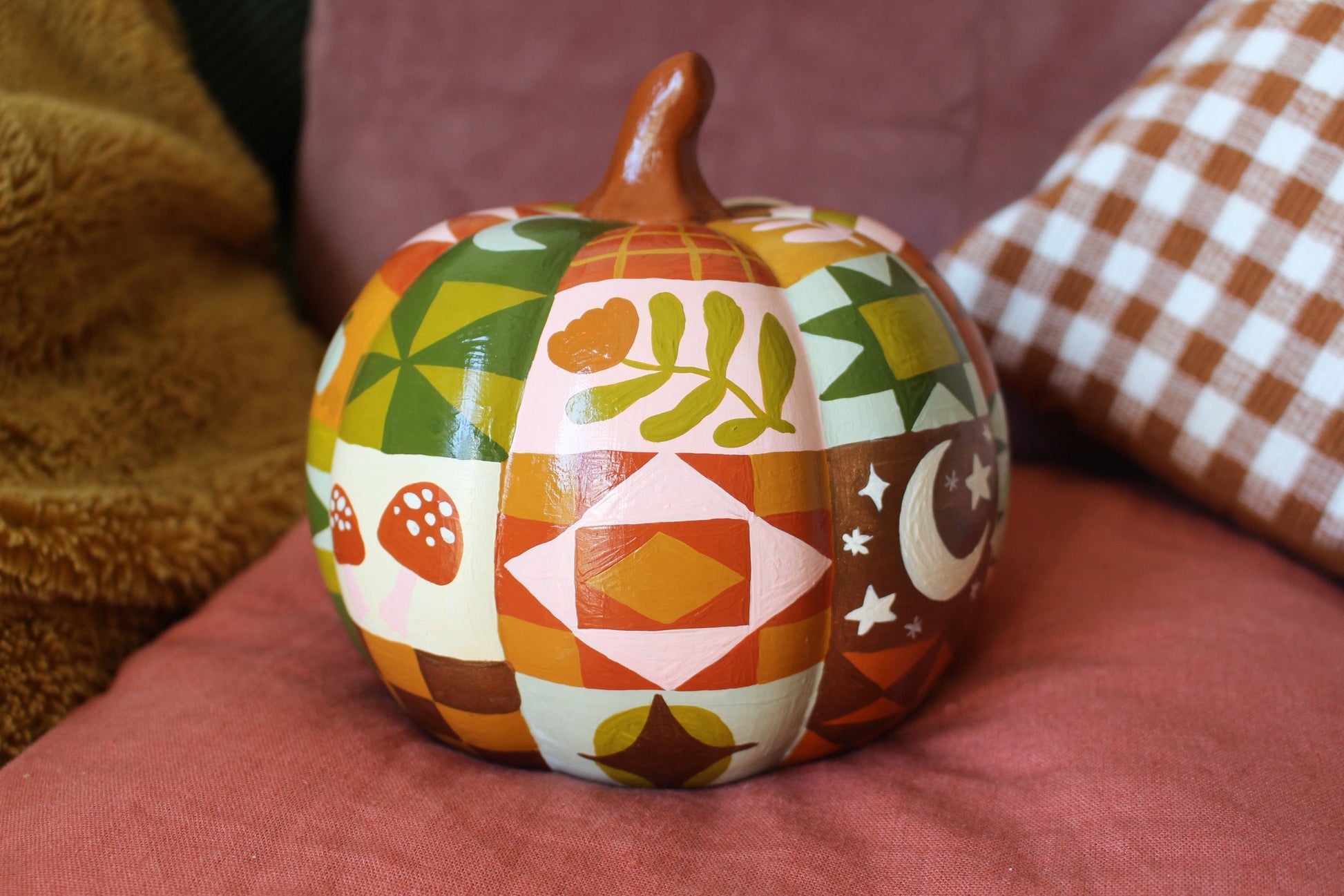 Hand Painted Ceramic Pathwork Pumpkin - Autumnal, Witchy, Folk, Cottagecore, Autumn Decor, Moon, Stars, Woodland