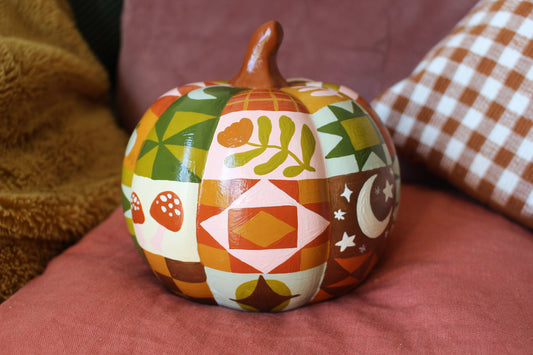 Hand Painted Ceramic Pathwork Pumpkin - Autumnal, Witchy, Folk, Cottagecore, Autumn Decor, Moon, Stars, Woodland