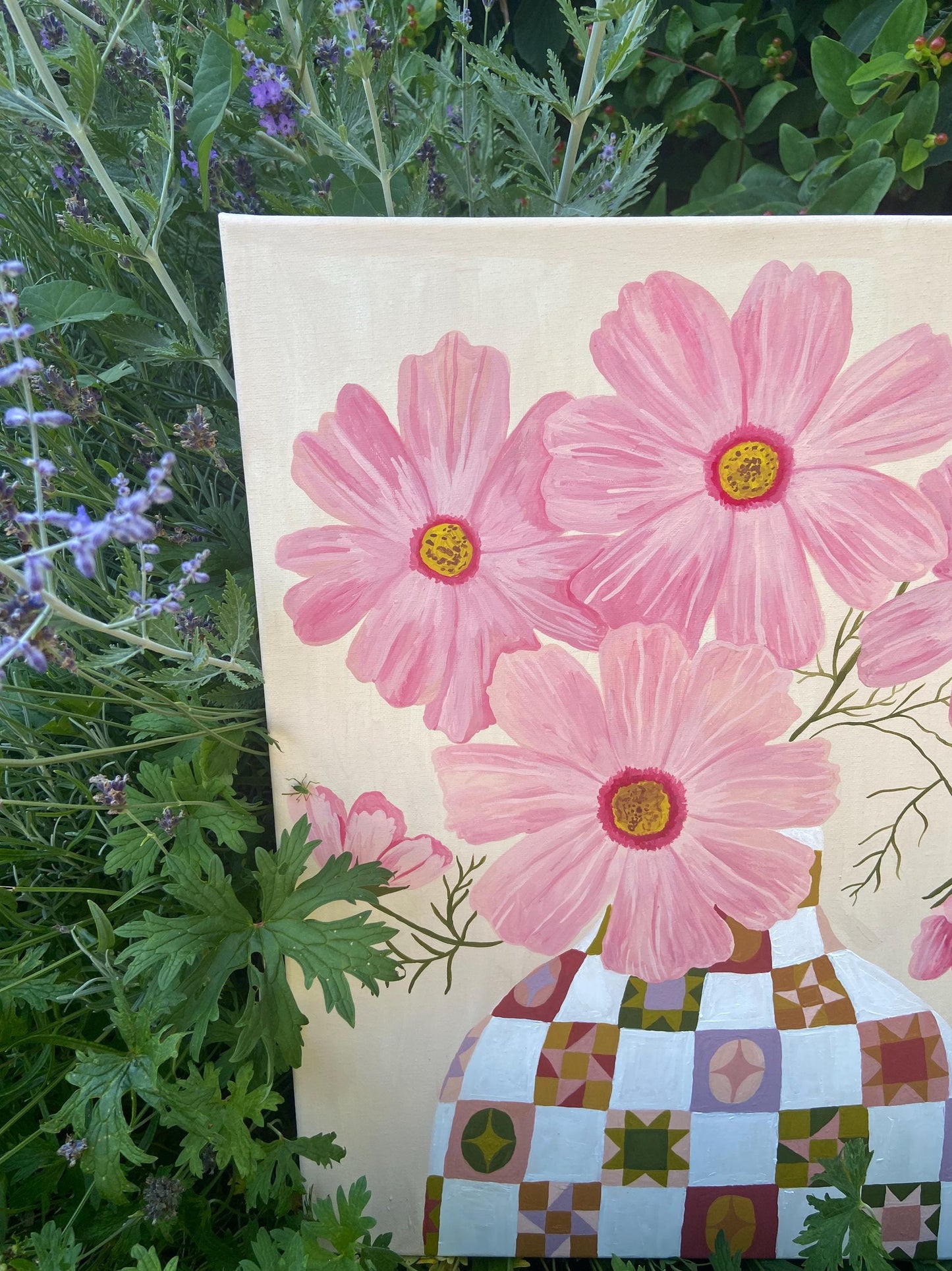 Cosmos Painting | Acrylic Gouache Floral Art, Quilt Vase