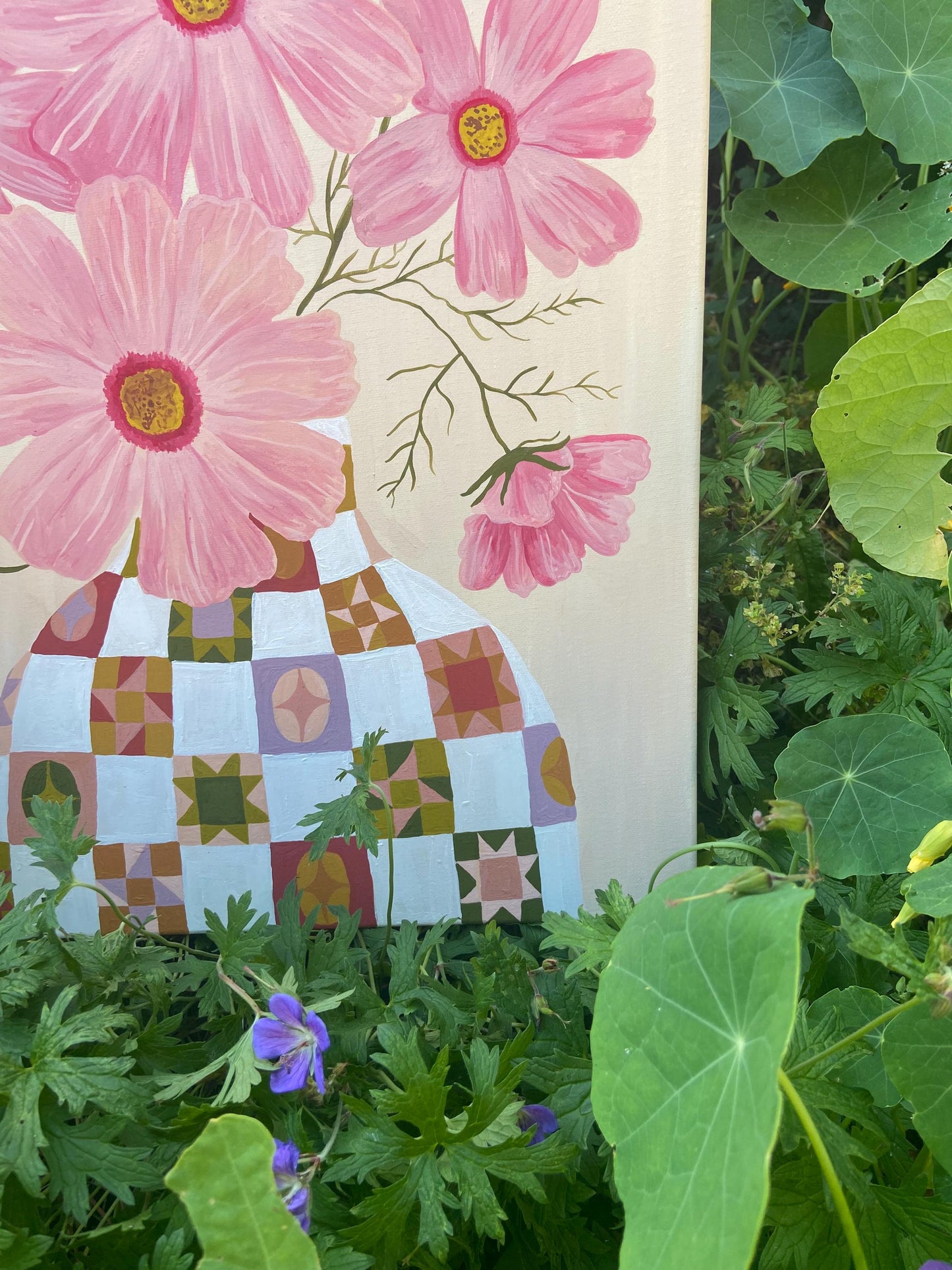 Cosmos Painting | Acrylic Gouache Floral Art, Quilt Vase