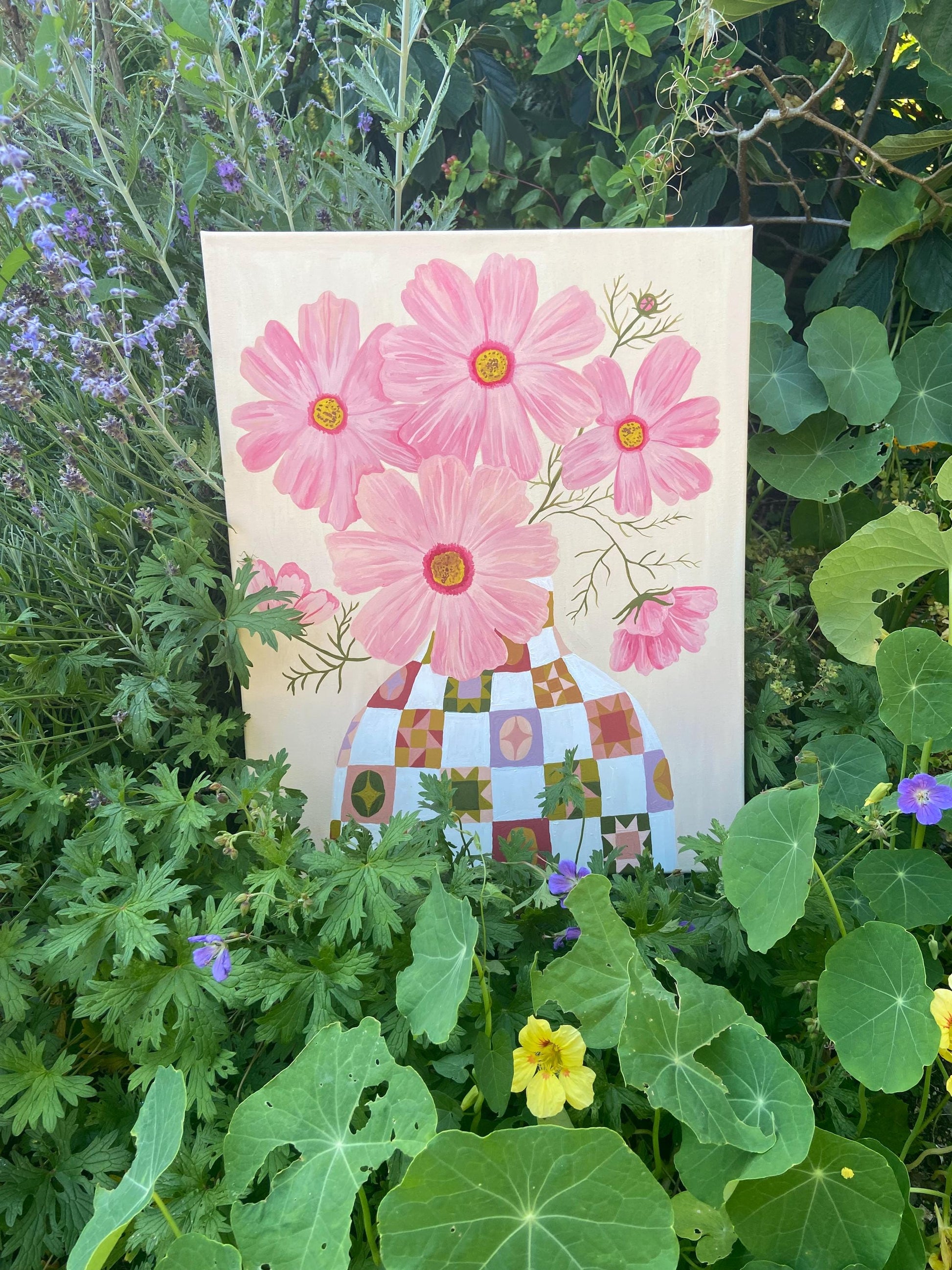 Cosmos Painting | Acrylic Gouache Floral Art, Quilt Vase
