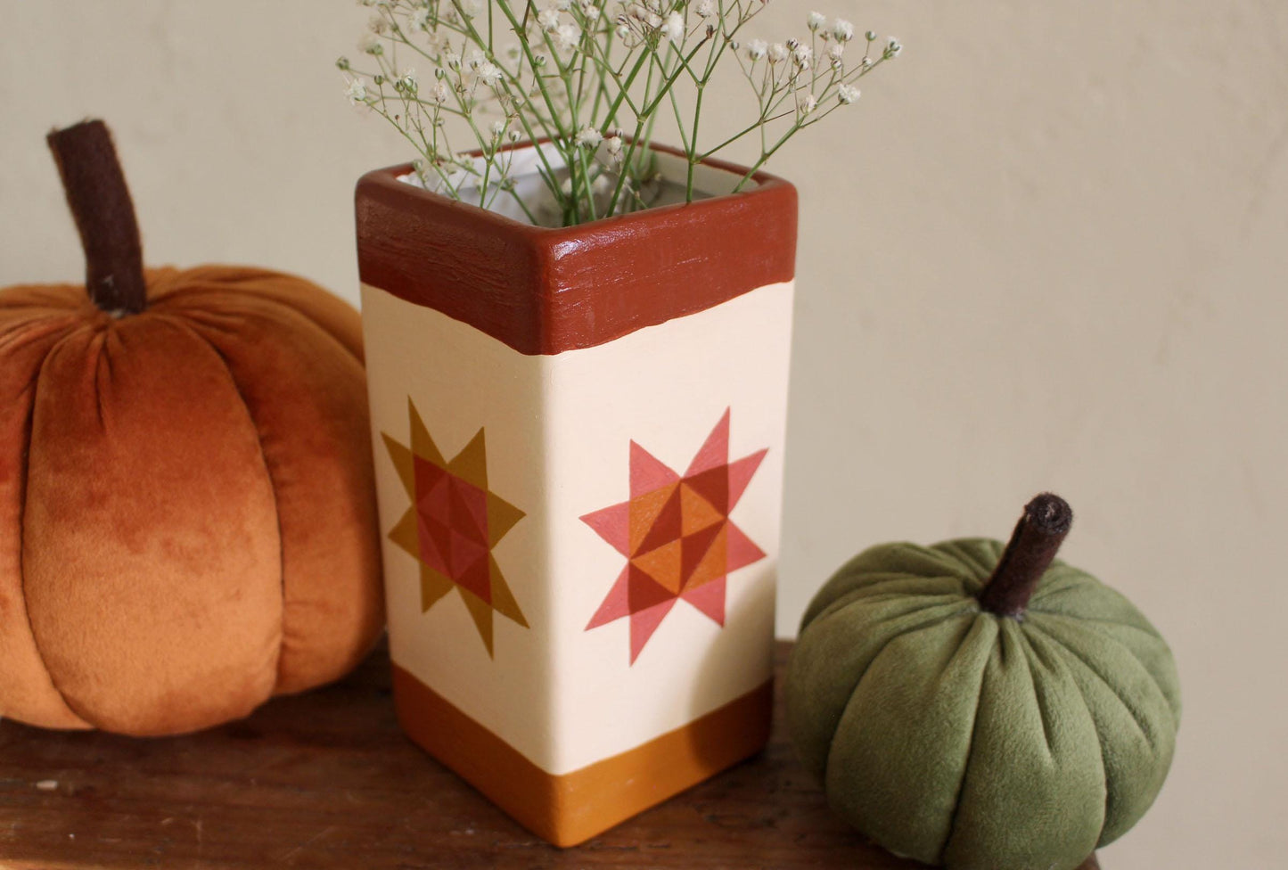 Hand Painted Ceramic Vase – Sawtooth Star Quilt Design, Autumn Decor