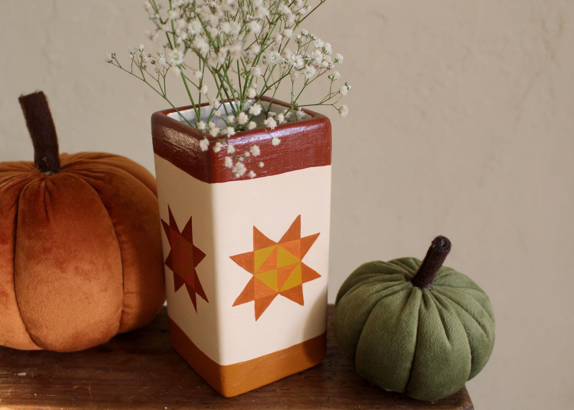 Hand Painted Ceramic Vase – Sawtooth Star Quilt Design, Autumn Decor