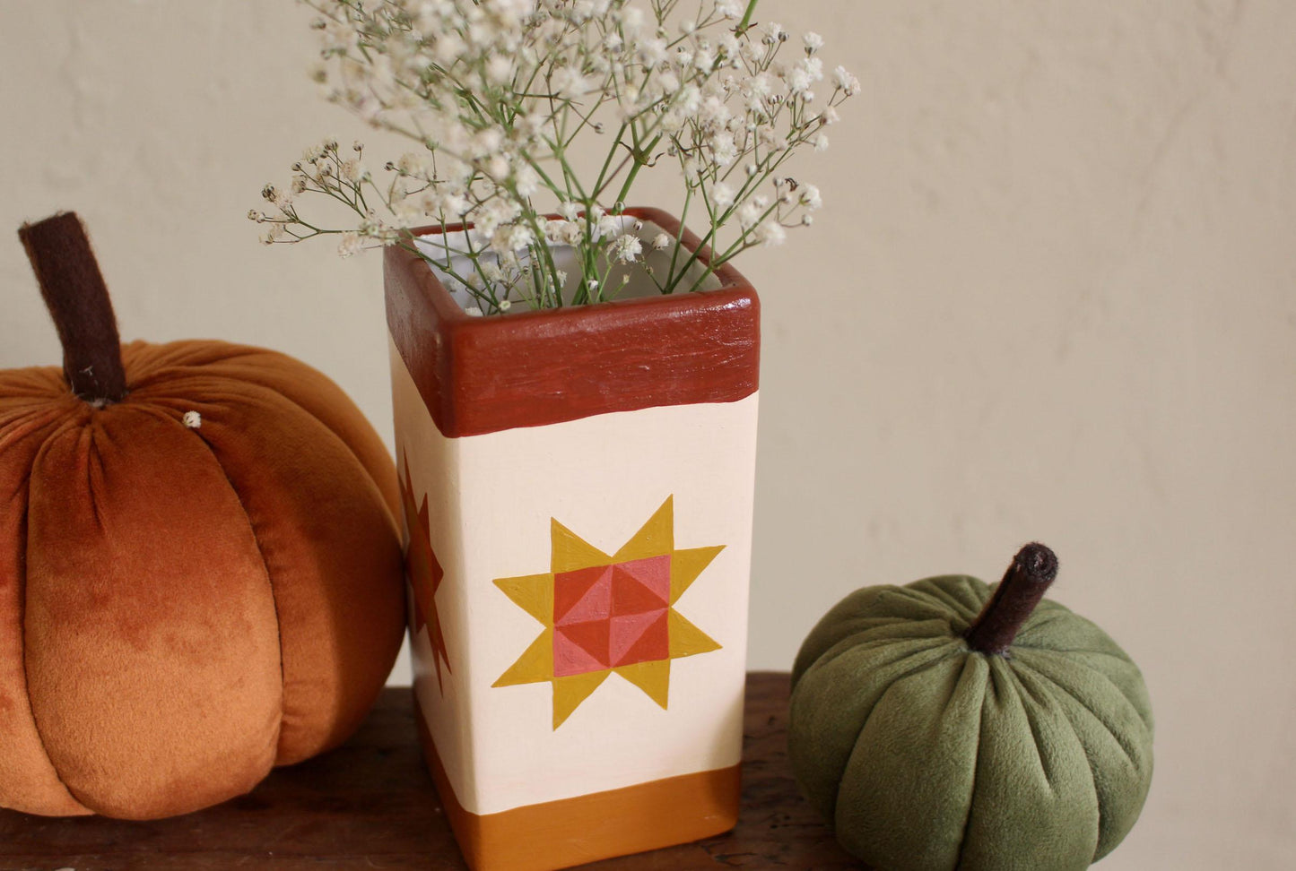 Hand Painted Ceramic Vase – Sawtooth Star Quilt Design, Autumn Decor