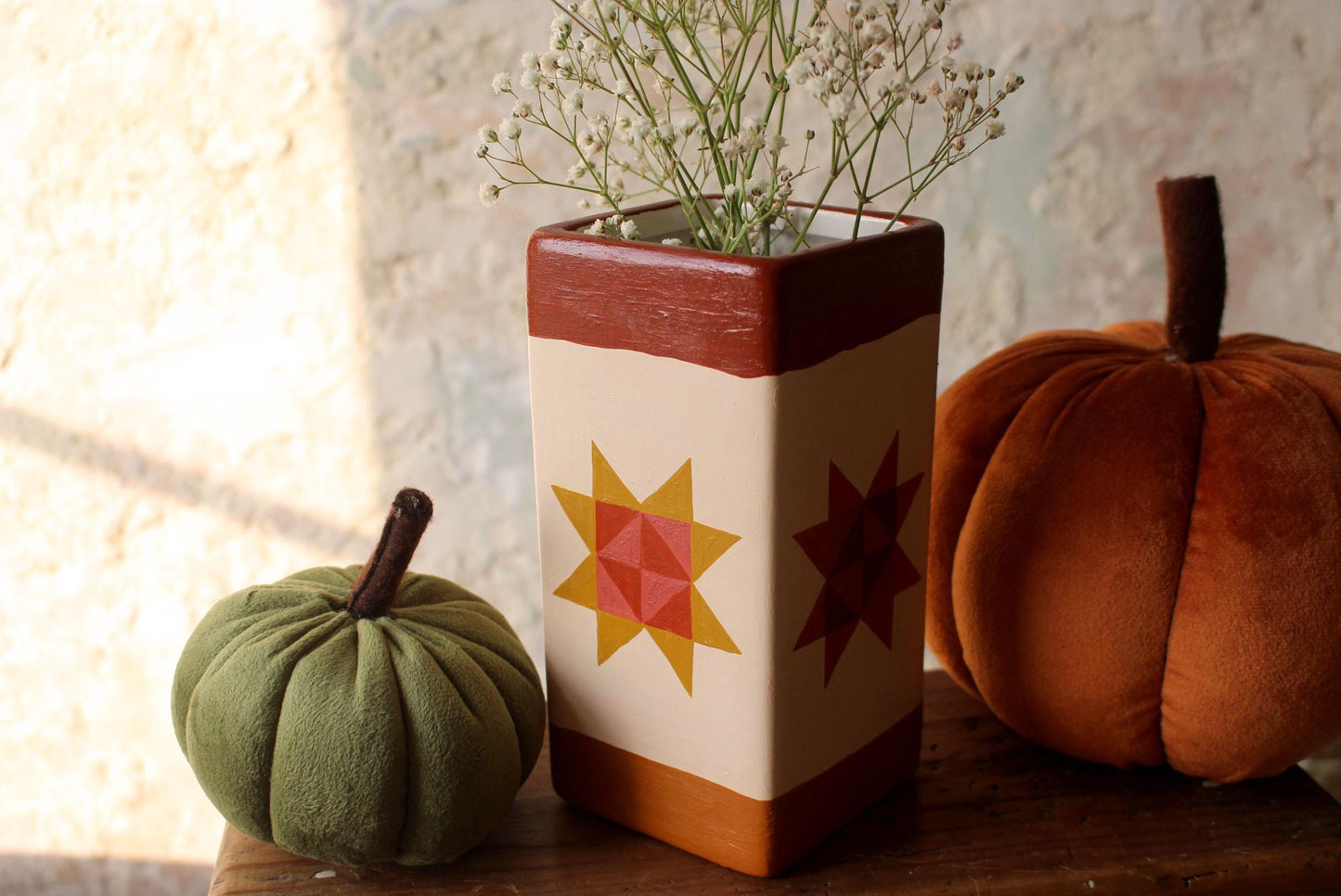 Hand Painted Ceramic Vase – Sawtooth Star Quilt Design, Autumn Decor