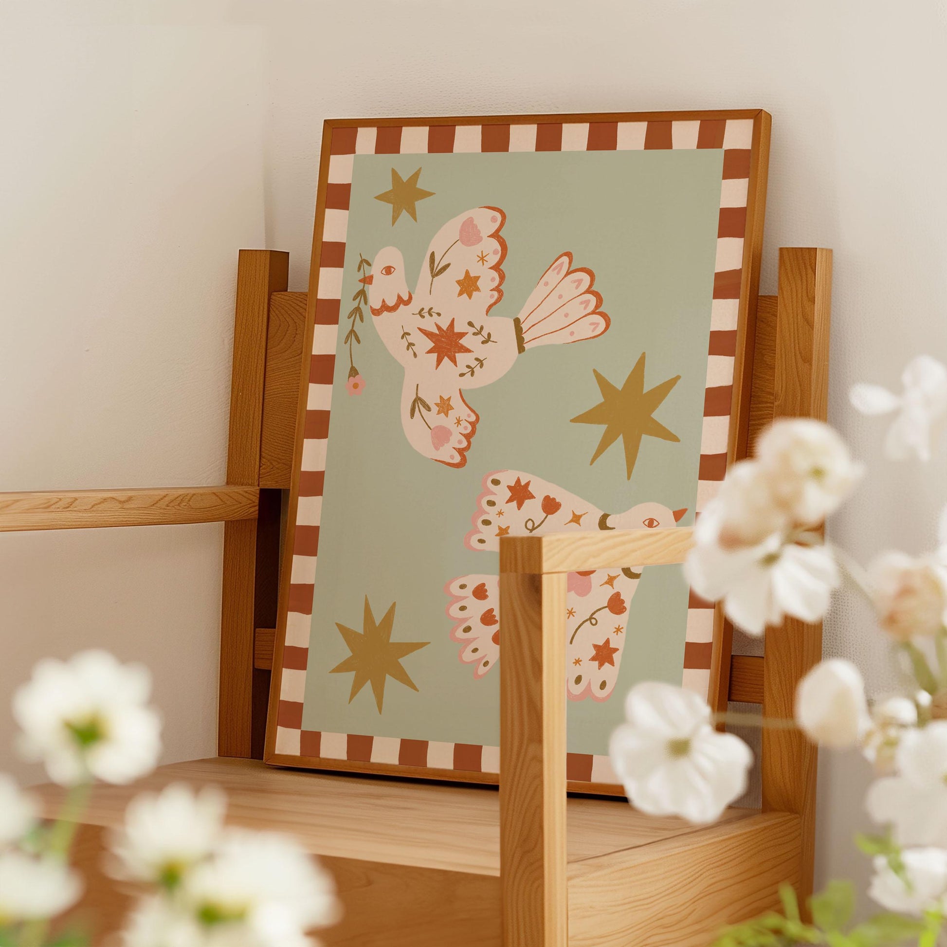 Folk Art Dove Print – Celestial Floral Birds, Nursery Decor, Children's Room