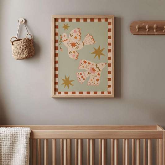 Folk Art Dove Print – Celestial Floral Birds, Nursery Decor, Children's Room