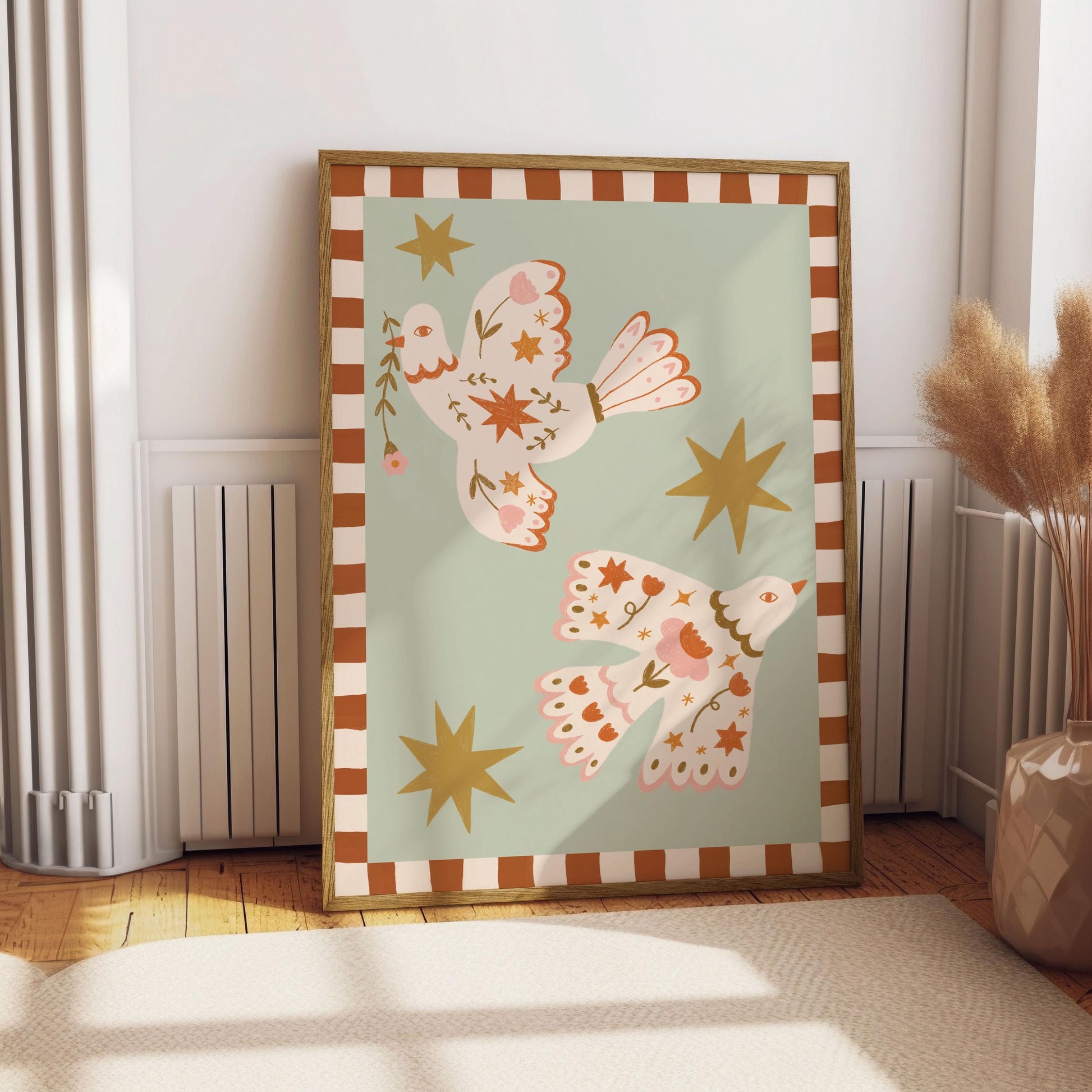 Folk Art Dove Print – Celestial Floral Birds, Nursery Decor, Children's Room