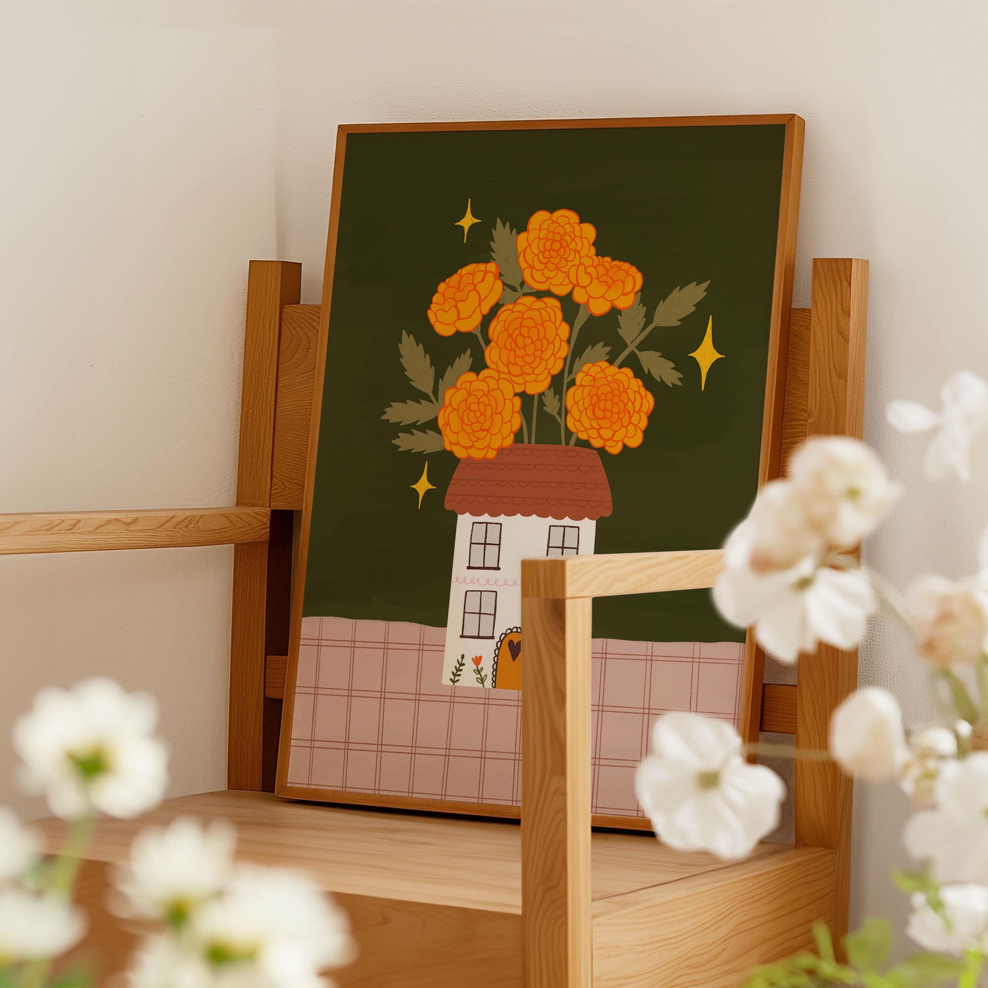 October Birth Flower Print - Marigold Floral Vase Illustration