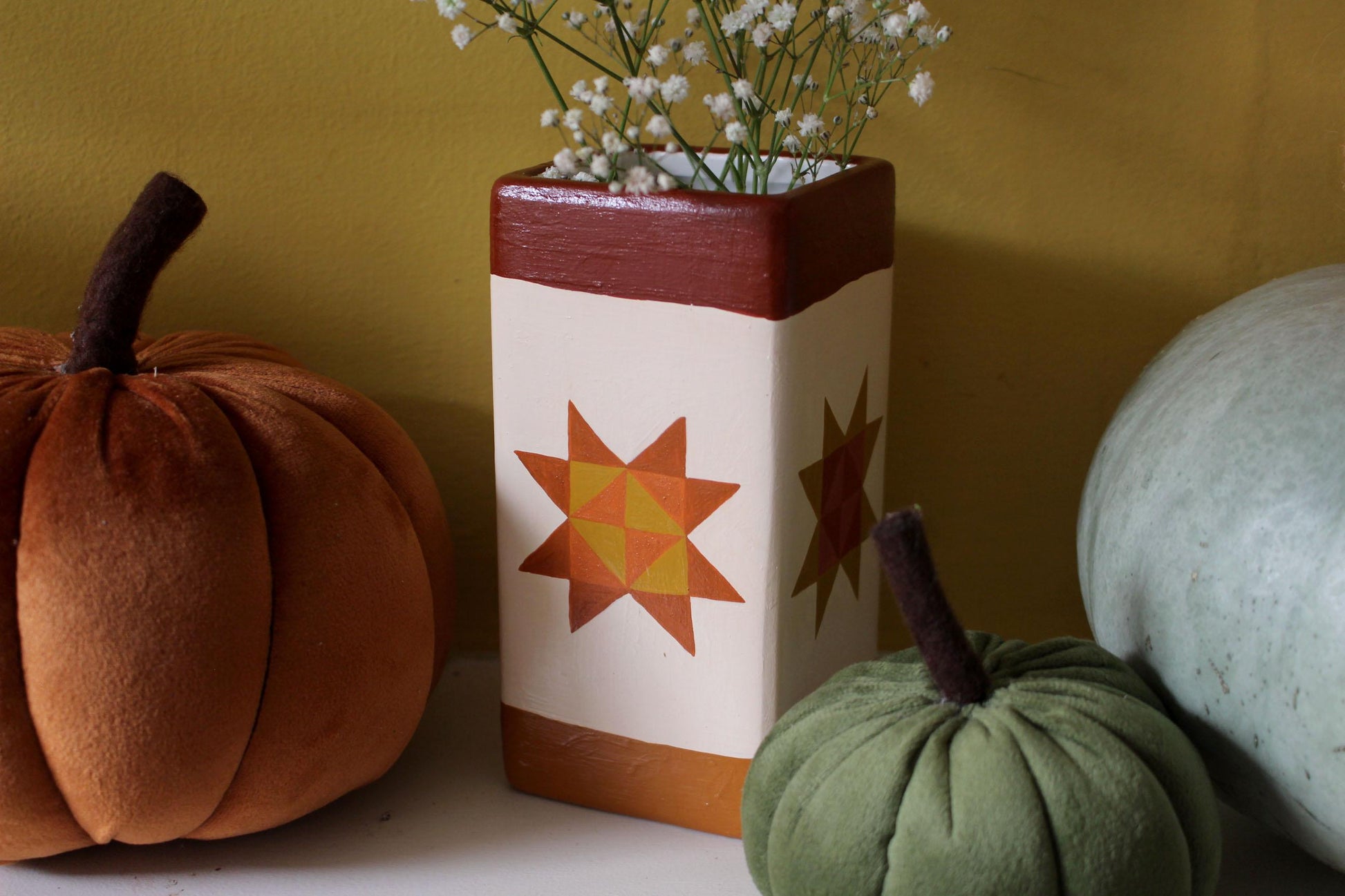 Hand Painted Ceramic Vase – Sawtooth Star Quilt Design, Autumn Decor